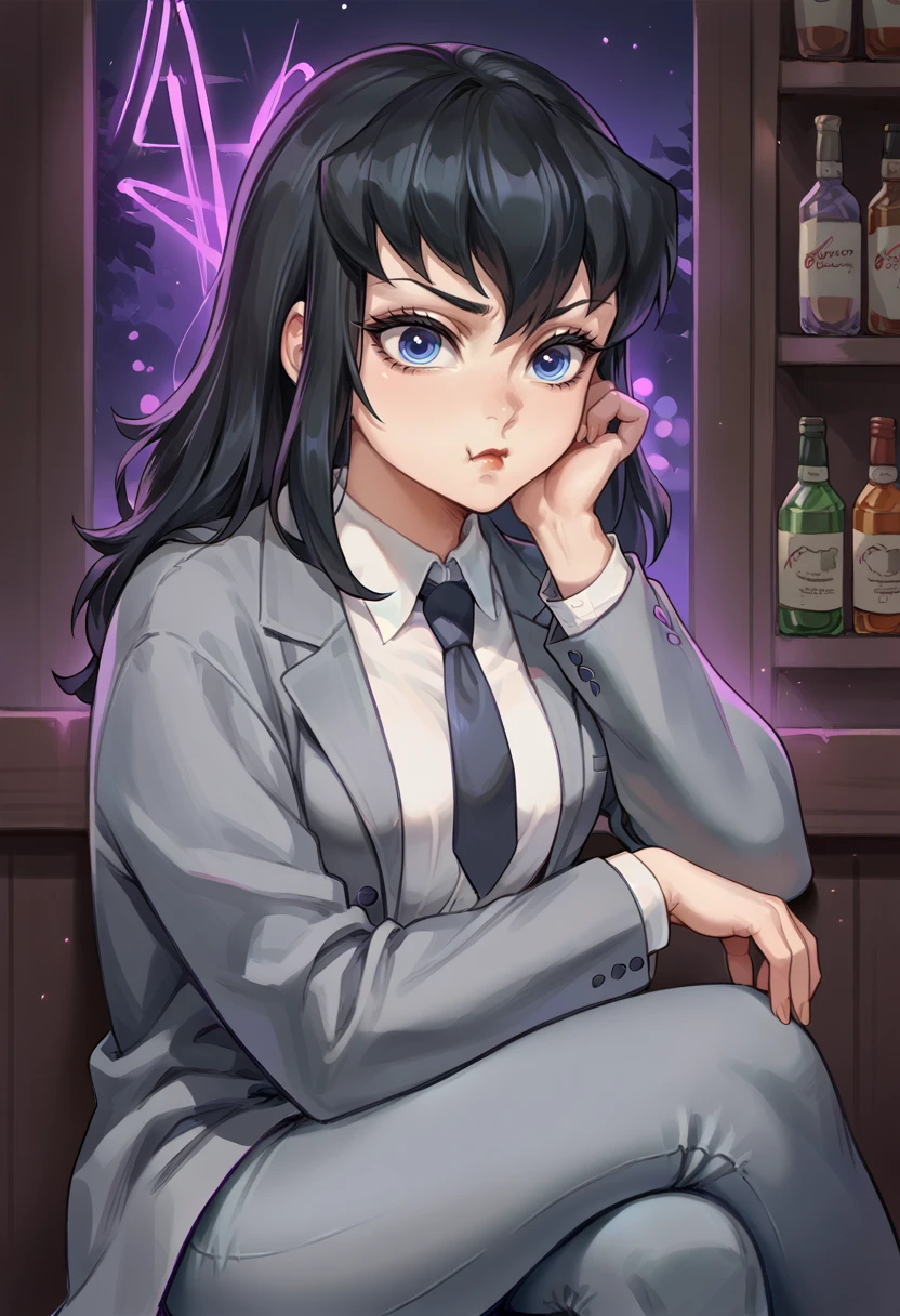 score_9, score_8_up, score_7_up, score_6_up, BREAK suma, 1girl, black hair, solo,blue eyes, long hair, sitting,grey suit, grey jacket, grey pants, black necktie,white collared shirt, bar, shelf, purple neon lights,night,contrapposto,pout,medium breasts,long necktie,crossed legs, purple lights,long sleeves,head rest,open jacket, closed mouth,hand on own knee, red lips      <lora:SumaPonyV2:1>