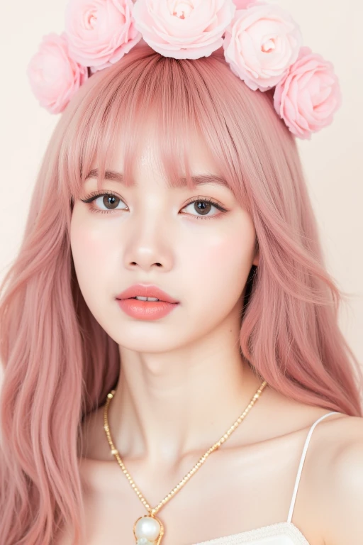 a high-resolution, softly lit photograph featuring a young Asian woman with a delicate, ethereal appearance. She has long, wavy hair in a soft pink hue, styled with bangs that frame her face. Her skin is a smooth, pale complexion, and her eyes are a striking feature, with a subtle, shimmery effect that catches the light. Her lips are painted a soft, muted pink, and she wears a delicate, beaded necklace around her neck. The background is a soft, creamy white, which helps to emphasize the subject's delicate features and the soft pastel colors of her hair and accessories. The image is rich in texture and detail, with a focus on the subject's serene and dreamy expression. The overall aesthetic is whimsical and romantic, evoking a sense of innocence and vulnerability. The photograph's soft focus and pastel colors create a dreamy, ethereal atmosphere, perfect for a fantasy or fairy tale-inspired setting. The subject's delicate features and accessories, such as the floral headpiece, add to the enchanting and otherworldly quality of the image. The style is reminiscent of high-fashion photography, with a focus on delicate, feminine beauty. <lora:Tissue_Lisa_Flux_v1.0-LowRep:1>