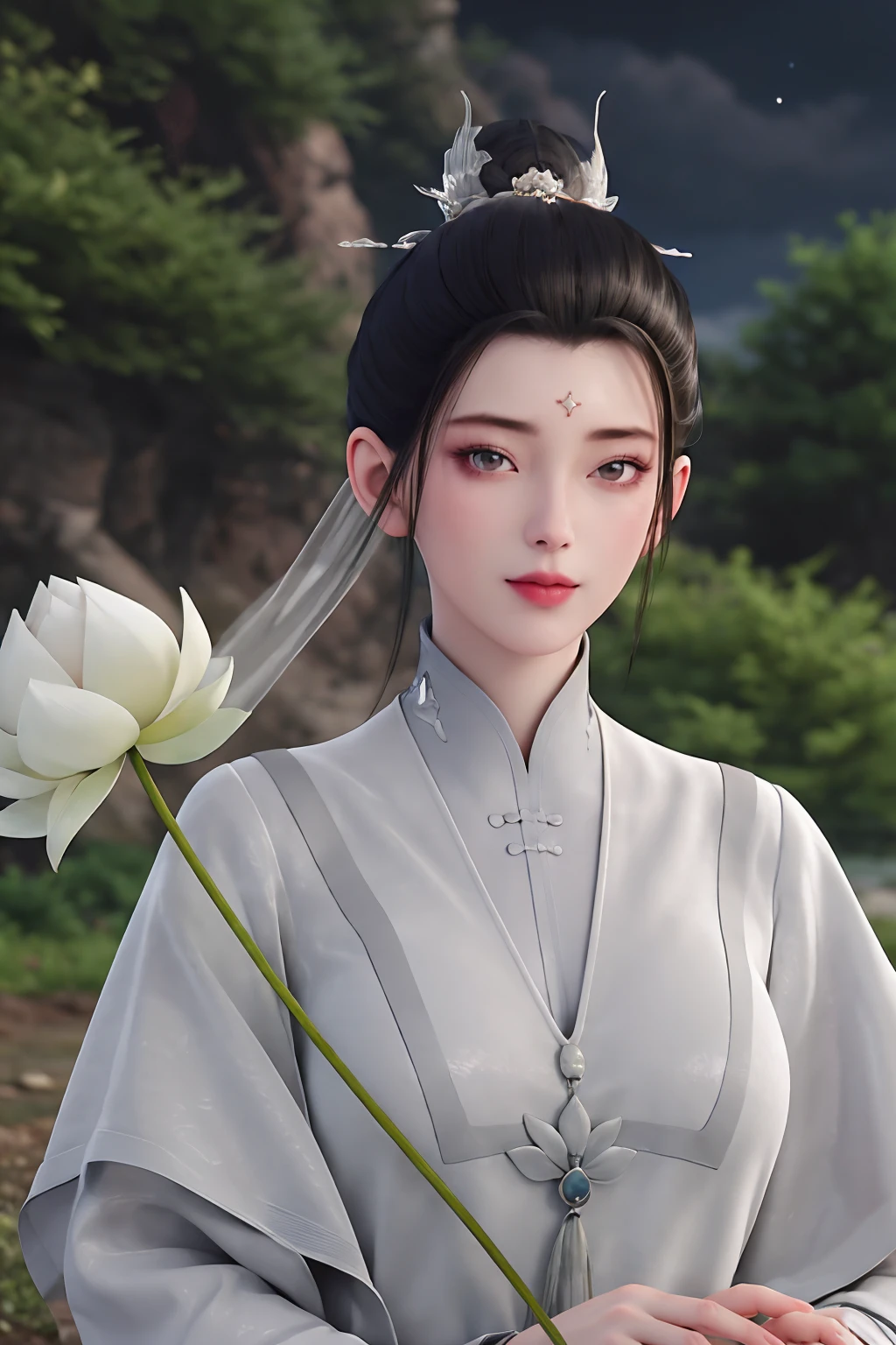 best quality,highres,realistic,absurdres,masterpiece,4k,perfect hands,looking at viewer,
<lora:è´ºå°åè¿åç_v1.0:0.7>,1girl,black hair,blurry background,chinese clothes,forehead,holding,holding flower,holding food,jewelry,outdoors,photo background,upper body,shiny clothes,satin dress,dark,(night:1.1),star \(sky\),