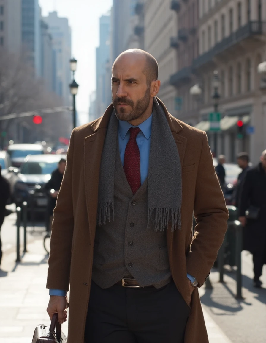 c35ar0 This is a photograph of a handsome muscular man walking down a city sidewalk, modeling for a magazine.  He is bald with a beard. He is wearing a brown coat, a blue dress shirt, a red tie and a grey scarf. He is holding a briefcase. The city is on a sunny, winter morning. The sun is shining.  Depth of field, 4k, highly detailed, clear focus, high resolution, photograph <lora:flux_realism_lora:0.7> <lora:Cesaro_WWE_FLUX_r1:1>