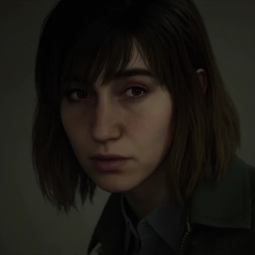 The image is a high-quality CGI artwork, ribbed fabric, high-quality digital rendering of a young woman with a contemplative expression. She has a light skin tone and shoulder-length, and his facial hair is sparse., suggesting moisture or sweat, giving her a somewhat dramatic appearance., lived-in appearance., dark brown hair with a hint of lighter brown at the roots