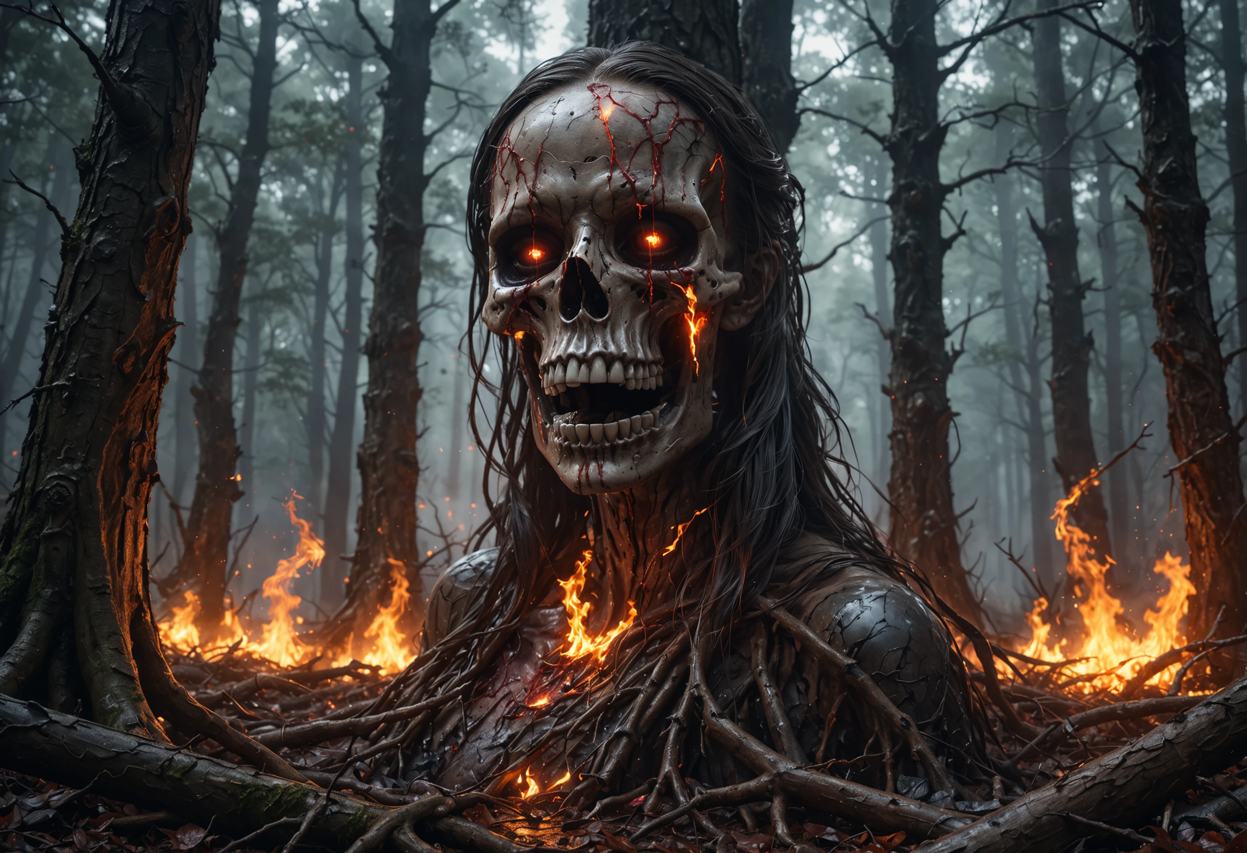 hyperrealistic art a image of very scary forest with blood, skulls, lightning, and fire. extremely high-resolution details, photographic, realism pushed to extreme, fine texture, incredibly lifelike