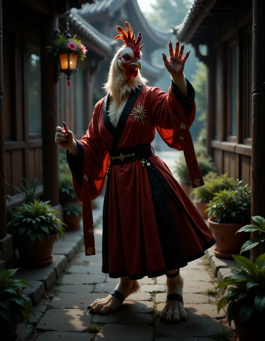 animanflux,This is a surrealistic realistic photography,in traditional Chinese attire, Tang dynasty, An anthropomorphic chicken is crowing proudly in the early morning courtyard. The courtyard is filled with a variety of flowers and plants, and dewdrops glisten crystalline on the petals. Its eyes were bright and proud, with a hint of triumph on its face, as if announcing the start of a new day. Dressed in a red robe embroidered with golden feathers and sunrise designs, it looked gorgeous and proud, the hem of the robe swinging gently as it crowed, as if echoing the morning light. In the courtyard, the flowers and plants are fragrant, and its robe swings gently with the wind, filling the whole scene with life and vigor., <lora:asian_fok_F1_v2.0:1> ,<lora:animan_V2.0_sampson:1>