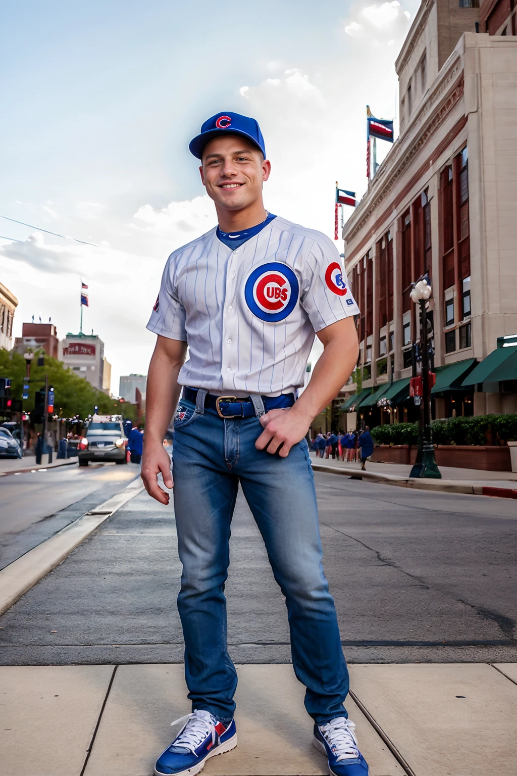 (Chicago street corner), (facade of Wrigley Field) in the background, smiling, LoganAarons wearing (Chicago Cubs baseball jersey), denim jeans, sneakers,  <lora:LoganAarons:0.8>