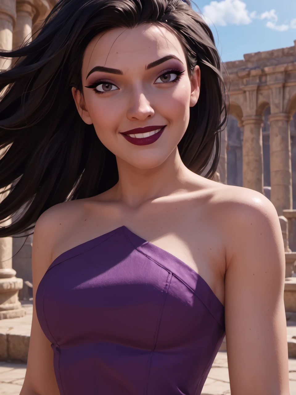 score_9, score_8_up, score_7_up,  score_6_up, BREAK, SimbEris, 1girl, solo, long hair, smile, black hair, floating hair, lipstick, makeup, bare shoulders, purple dress, <lora:David_style:1> Poststyl  <lora:Eris:0.8>