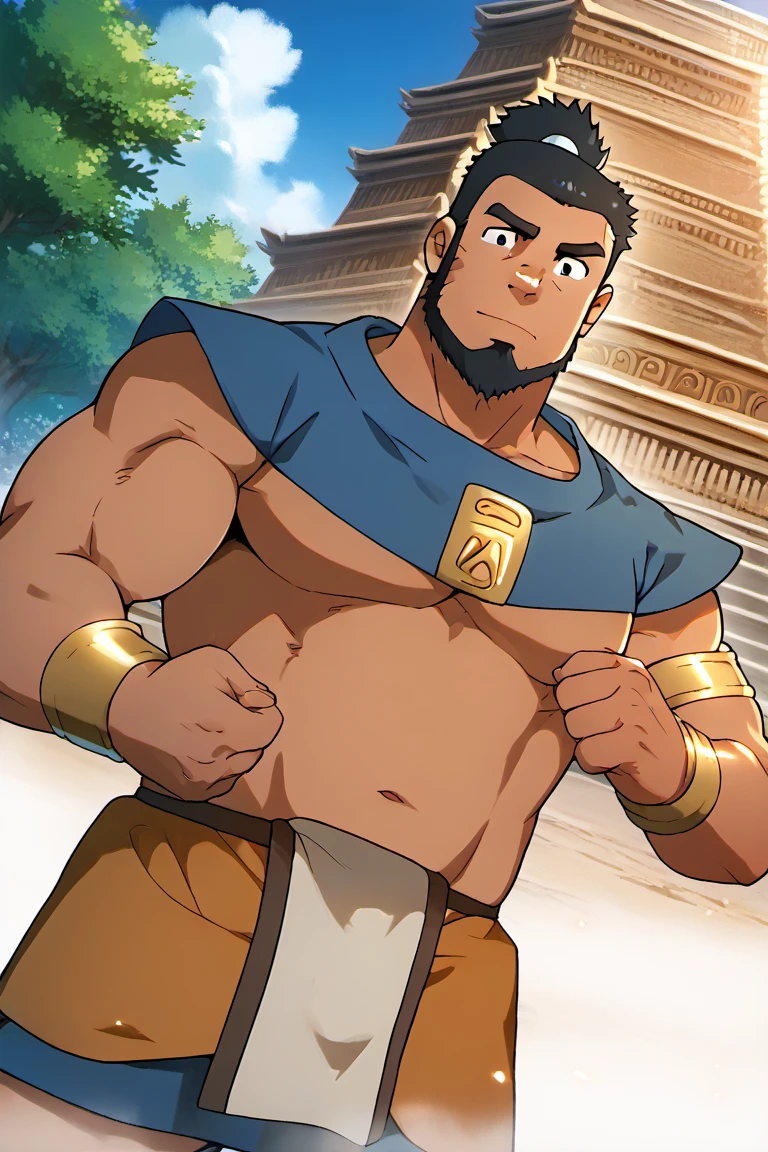 score_9, score_8_up, score_7_up, score_6_up, perfect anatomy, perfect proportions, best quality, masterpiece, high_resolution, high quality, best aesthetic, incredibly absurdres, highres, extremely detailed, huge filesize, mature, masculine, manly, virile, handsome, charming, alluring, bara, male focus, solo male, cowboy shot, dutch angle, source_anime \(Doraemon: Nobita and the Legend of the Sun King\), anime coloring \(Doraemon: Nobita and the Legend of the Sun King\), Ishmal, DMIshmal, black hair, short hair, ponytail, black eyes, long sideburns, chinstrap beard, jawline beard, Ishmal_outfit02, Maya clothing, blue shoulder capes, short capes, bare chest, (Maya wraparound skirt, blue skirt, male skirt, hip cloth, Maya loincloth), bracelets, outdoors, Maya Architecture, (old man, wrinkle), bare belly, bulky, dad bod, dark skinned, Mesoamerican pyramids