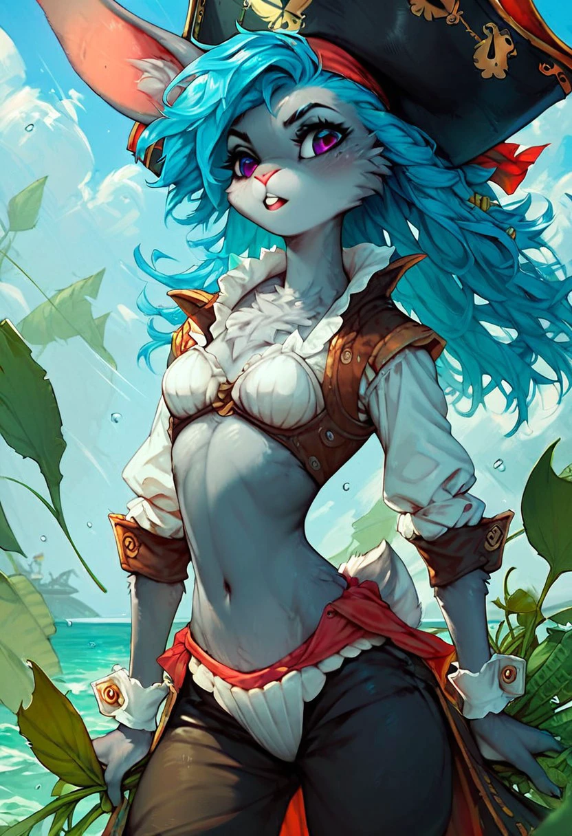 score_9, score_8_up, score_7_up, score_6_up, score_5_up, (flat colored: 1.2), fluffy body, (2d style:0.8), anthro rabbit female, 1 girl, bunny ears, gray fur, skinny, blue hair, Pirate, shells, seaweed, pirate clothing, solo,