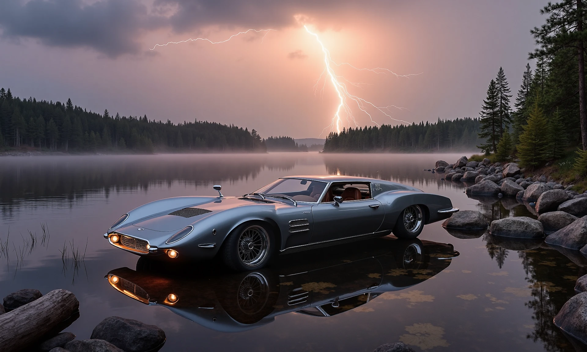 LIGHTNING, a lake surrounded by a forest, gray retro futuristic concept car in the style of aston martin designed by syd mead, 60s