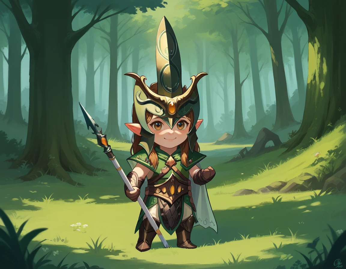 score_9, score_8_up, score_7_up, 2d, chibi,
forest,
EternalGuard, helmet, armor, holding spear, pointy ears,
looking at viewer, smile,
<lora:EternalGuard:0.85>