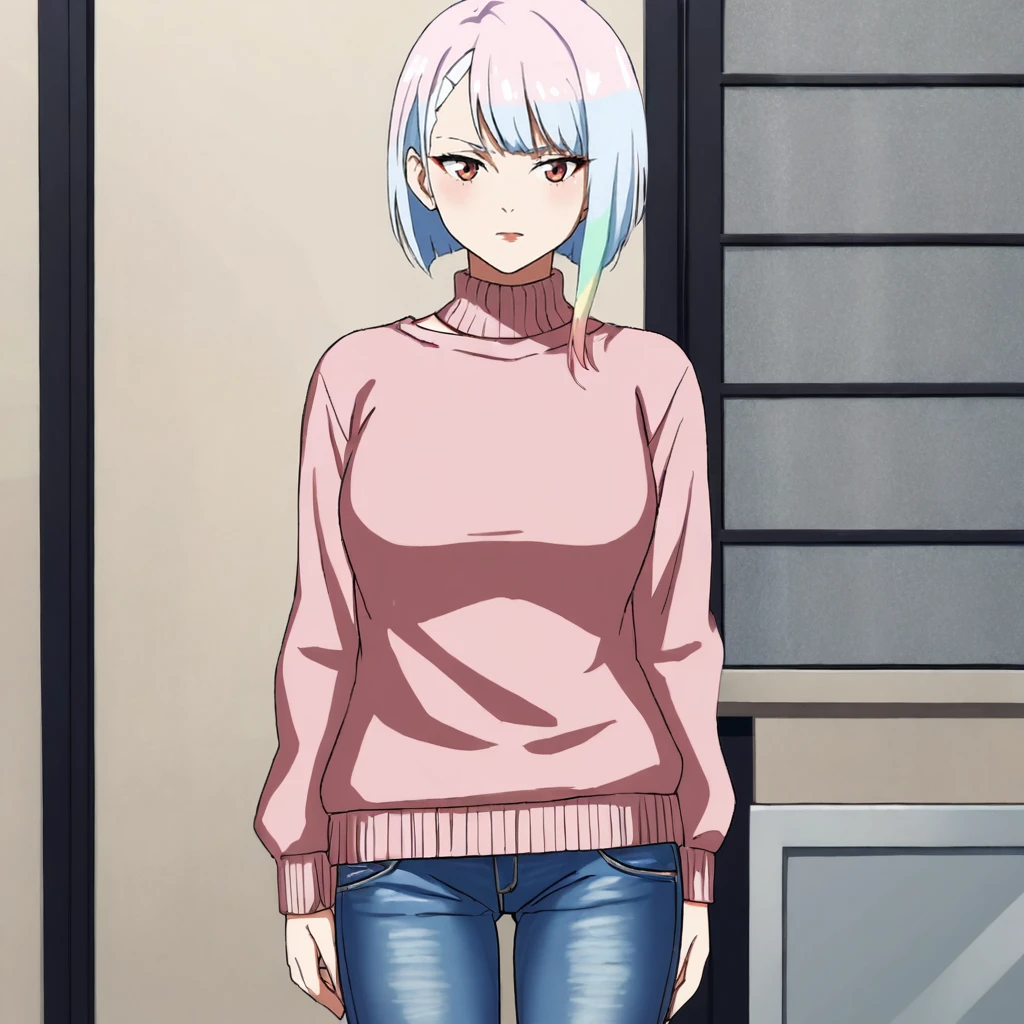 <lora:lucycyberpunk_pony_v1:.8>  Lucy, 1girl, short hair, bangs,  multicolored hair, red eyeliner, white hair,  cowboy shot, sweater, jeans