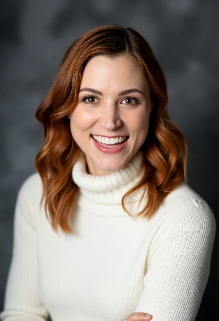 A professional portrait photo of beccascott, a woman. She is smiling widely, showing her teeth. She is wearing a white knit turtleneck sweater. The background is blurry and shows a dark gray professional photo studio canvas.