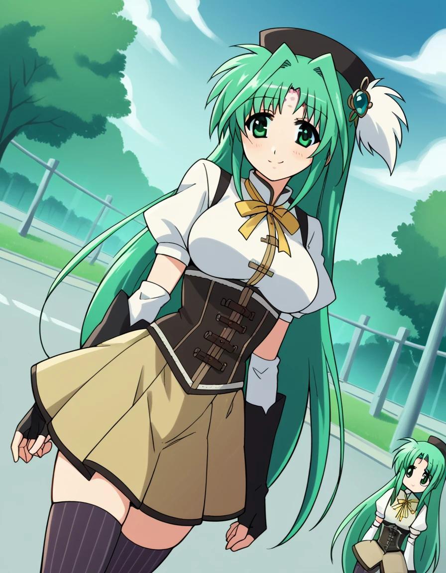 score_9, score_8_up, score_7_up, source_anime, <lora:lindy-harlaown-movie2-ponyxl-lora-nochekaiser:1>, lindy harlaown, long hair, very long hair, green eyes, ponytail, green hair, facial mark, forehead mark, large breasts,, <lora:mami-tomoe-cosplay-ponyxl-lora-nochekaiser:1>, mamitomoecosplay, tomoe mami (cosplay), black gloves, black headwear, black thighhighs, brown skirt, detached sleeves, fingerless gloves, gloves, magical girl, pleated skirt, puffy short sleeves, short sleeves, skirt, corset, striped clothes, striped thighhighs, white shirt, white sleeves, ribbon,, outdoors, street, smile, blush, , dutch angle,