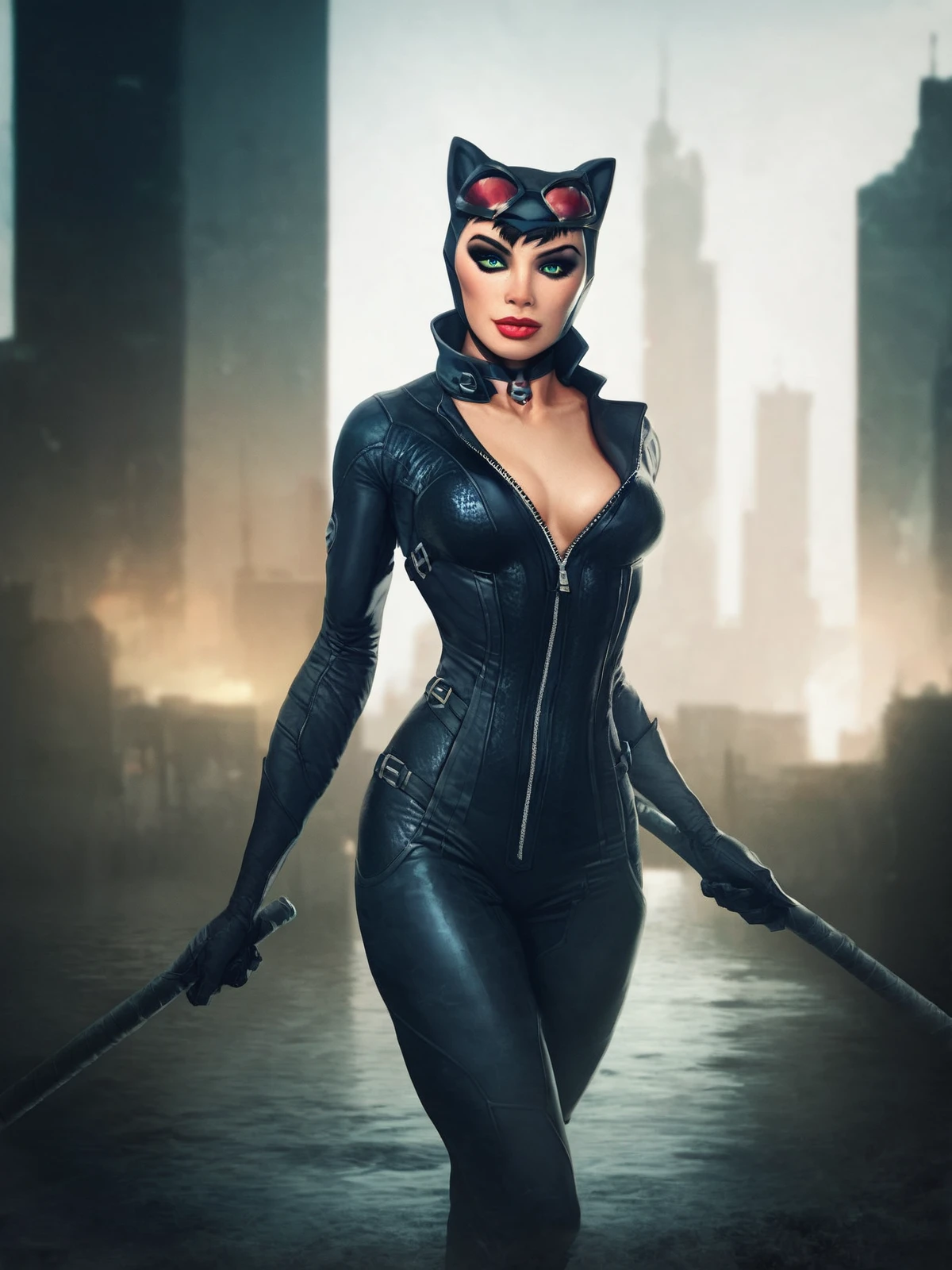 score_9, score_8, score_7,1girl,  catwomanwaifu, 2D, solo, medium breasts, cinematic, cartoon, short hair, black bodysuit,  green eyes, dramatic light,  look at viewer, gloves, goggles, lips, makeup, realistic, standing, night city, <lora:Catwoman_character:1>