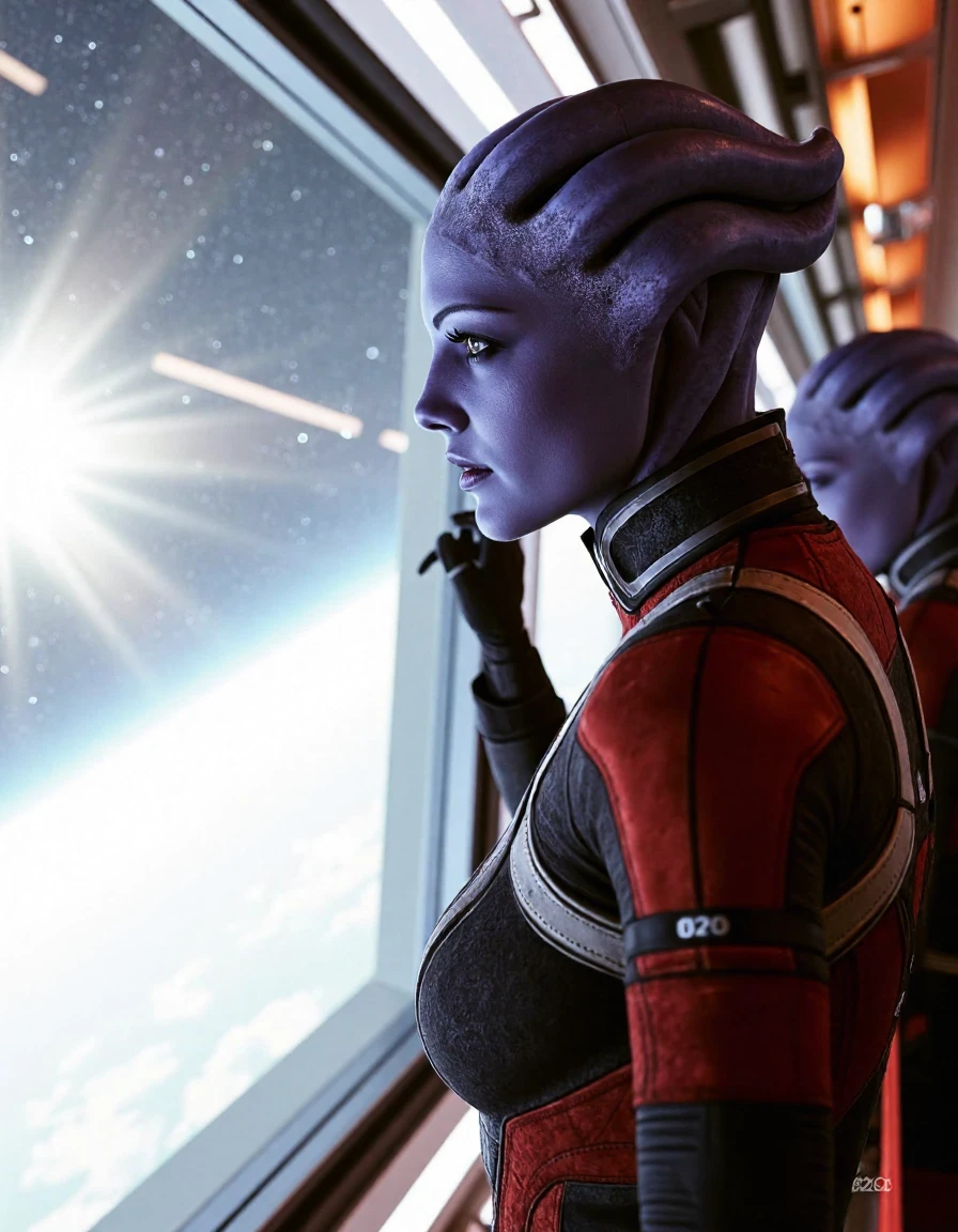 <lora:flux-lora-LiaraTsoni_07:1>, LiaraTsoni, 
A stunning portrait of alien character Liara, she goes through a spaceship, looking into huge transparent windows, on the background of the ship's team, sci-fi, The image style is reminiscent of a 1990s movie