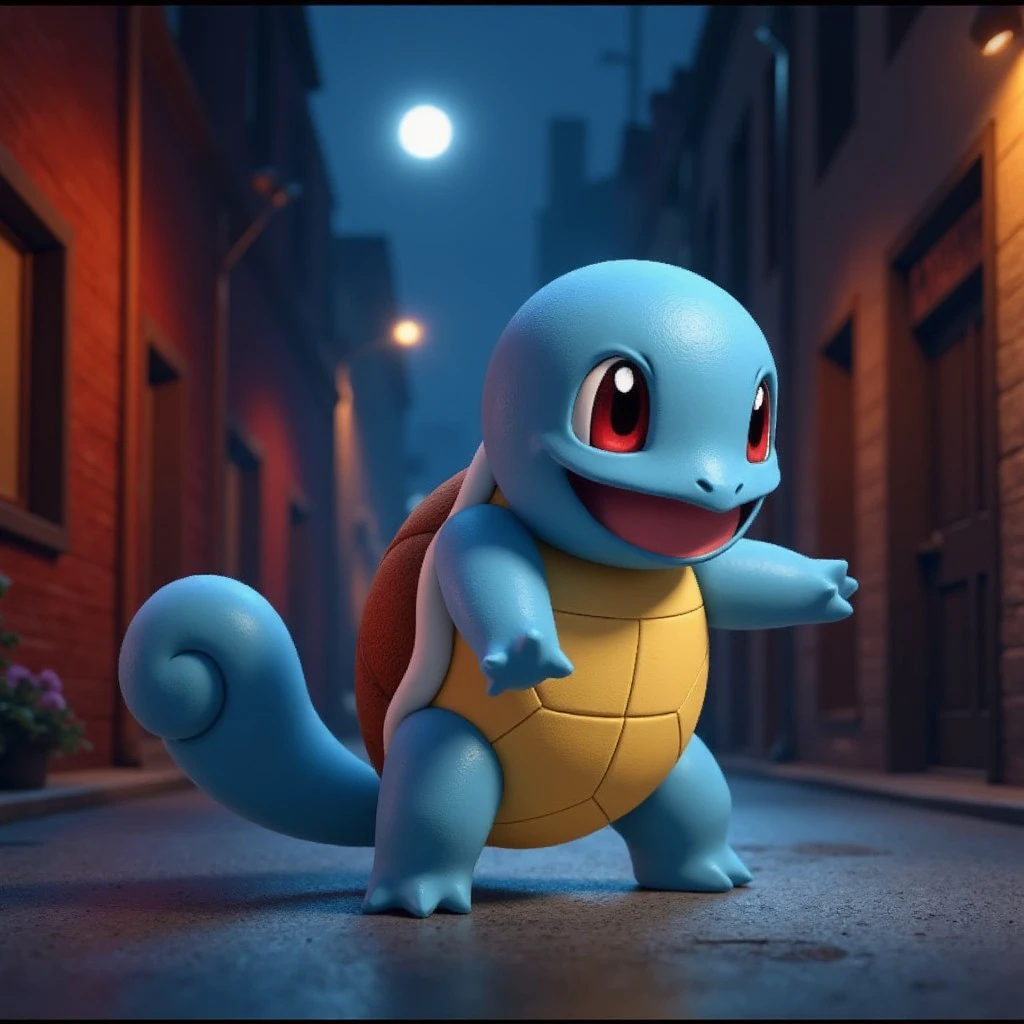 A vivid 4k HDR, high resolution pixar 3d render animation, using Stylized realism, iGroom, and Ray-Tracing. 
A solo Squirtle with realistic features in a dark alley scene about to get mugged