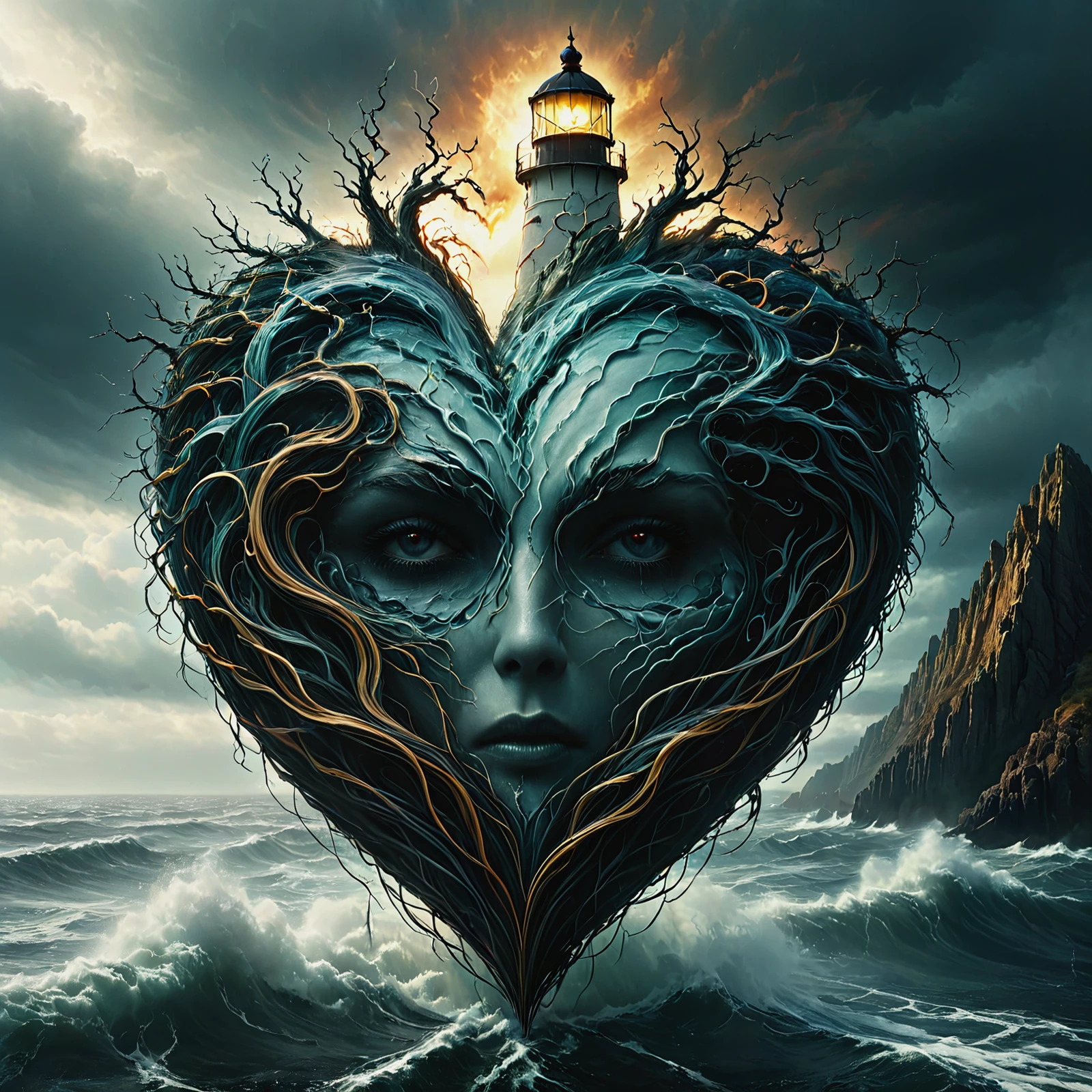 The ocean, a face made entirely of water, inside a heart. Violent ocean storm. Dark, apocalyptic, dark, menacing. Waves crashing into the heart. A lighthouse in the distance. Cliffs, bluffs, rock.

<lora:HeartFace01_CE_SDXL_64x32x180x2bOT:0.8>
hrtfcCE style