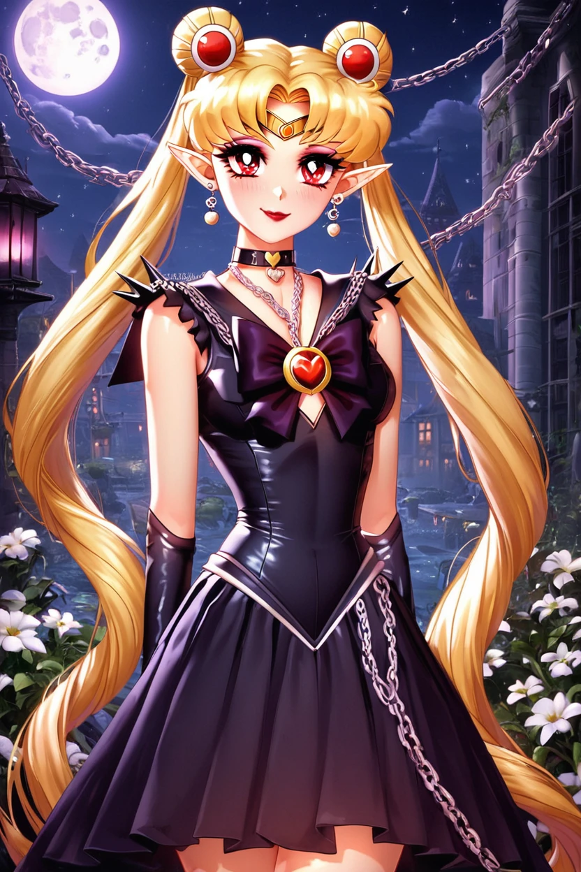 score_9, score_8_up, score_8, medium breasts, (curvy), cute, eyelashes,       BREAK, ,  ,,, <lora:CruelMoon_PDXL:0.8>, zzCruelMoon, long hair, twintails, tsukino usagi, blonde hair, jewelry, hair bun, double bun, sailor moon, very long hair, choker, chain, spikes, gothic, parted bangs, red eyes,  earrings, dress, makeup, holding, necklace, lipstick, black dress, pointy ears, night, ,,, , BREAK, smile, closed mouth, looking at viewer, cowboy shot, ,,, embedding:zPDXL, Expressiveh, ,,, <lora:Puppypaww_Style_PDXL_v2:0.8>, <lora:SDXLFaeTastic2400:0.5>, <lora:Expressive_H-000001:0.4>,