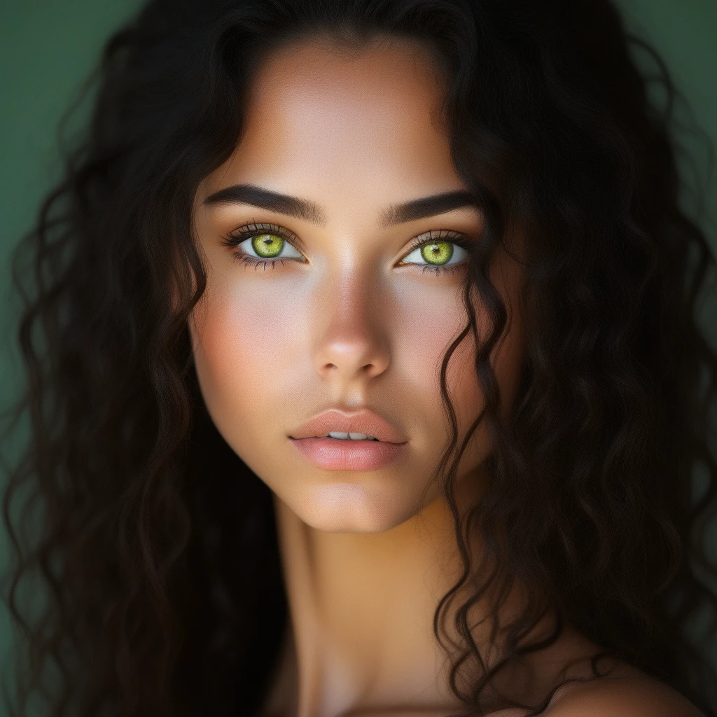 portrait, 1girl, nose, black hair, divine8, wavy hair, yellow eyes, parted lips, long hair, realistic, green eyes