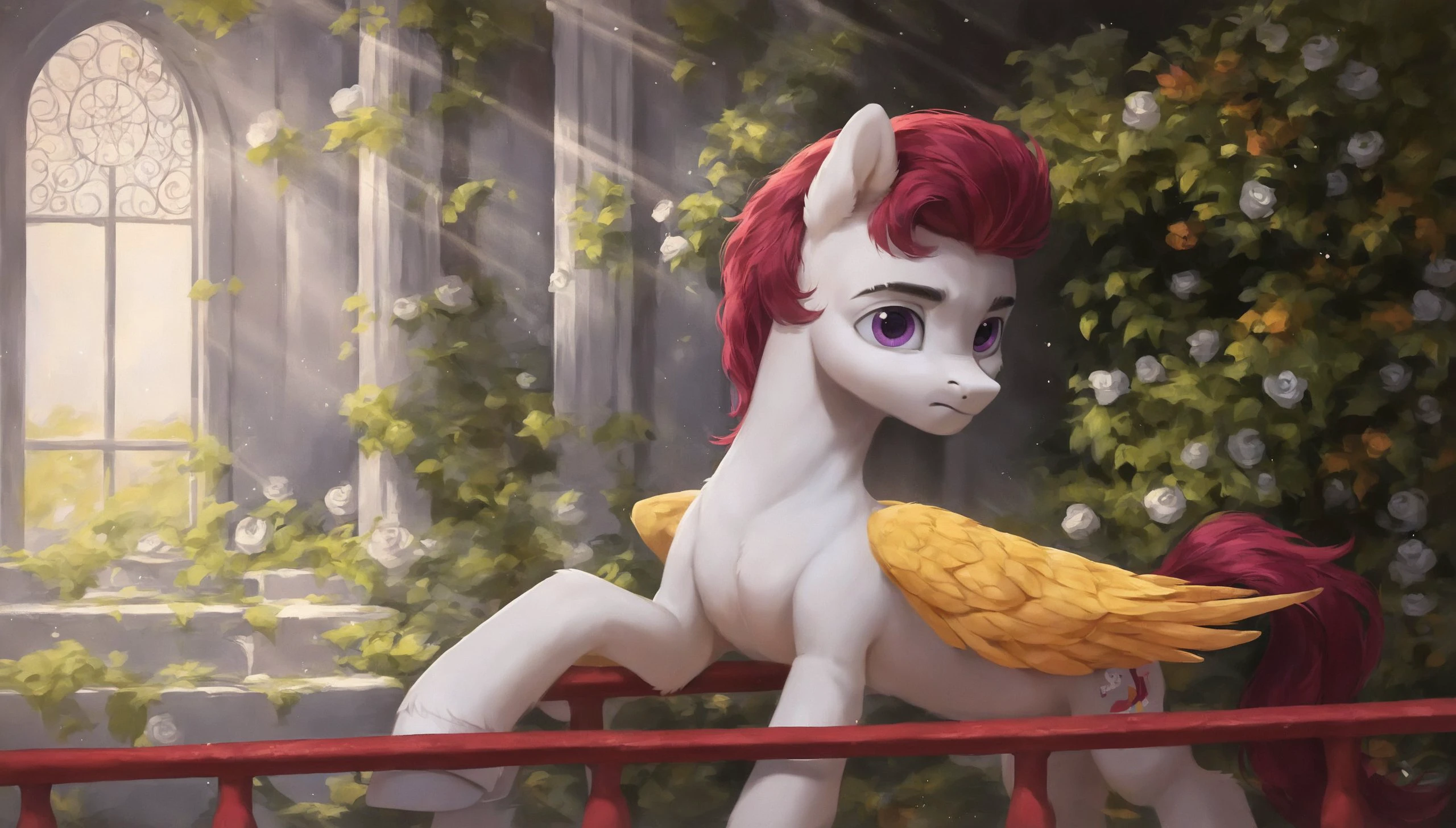 score_9, score_8_up, score_7_up, score_6_up, score_5_up, score_4_up, rating_safe, <lora:Rocky riff:1>Rocky,pony,Pegasus, solo, 
Male, purple eyes, YELLOW WINGS, FULL BODY, score_9, score_8_up, score_7_up, score_6_up, score_5_up, score_4_up, rating_safe,  an abandoned castle-like building, the room is in semi-darkness and pierced by rays of light shining through the high arched window openings, a wide staircase leading upwards to the altar, the staircase is decorated with an elegant baluster railing. Everything is covered with layers of dust and covered with vegetation,, mlp (( pony, little, )), (high quality, detailed, beautiful), shiny, adorable face, detailed beautiful eyes, realistic, outstanding, contrast, detailed soft lighting, fluff in ears, ((pony,)), (high quality, detailed, beautiful), shiny, adorable face, detailed beautiful eyes, realistic, outstanding, contrast, detailed soft lighting, fluff in ears, cinematic vintage photography,