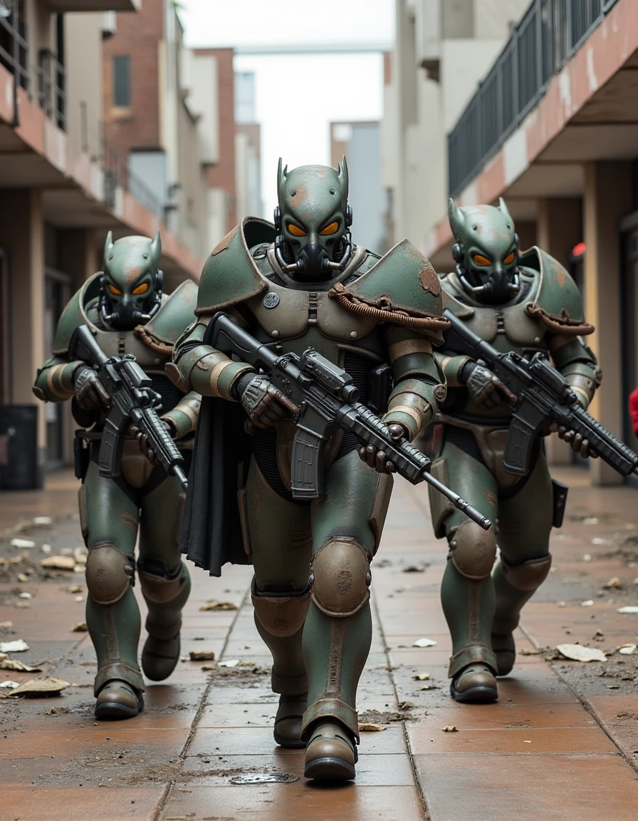 a squad of heavily armed soldiers wearing scuffed and rusty Midwest power armor patrol through a ruined mall, they hold a variety of firearms in their hands, one of them is holding a missile launcher.