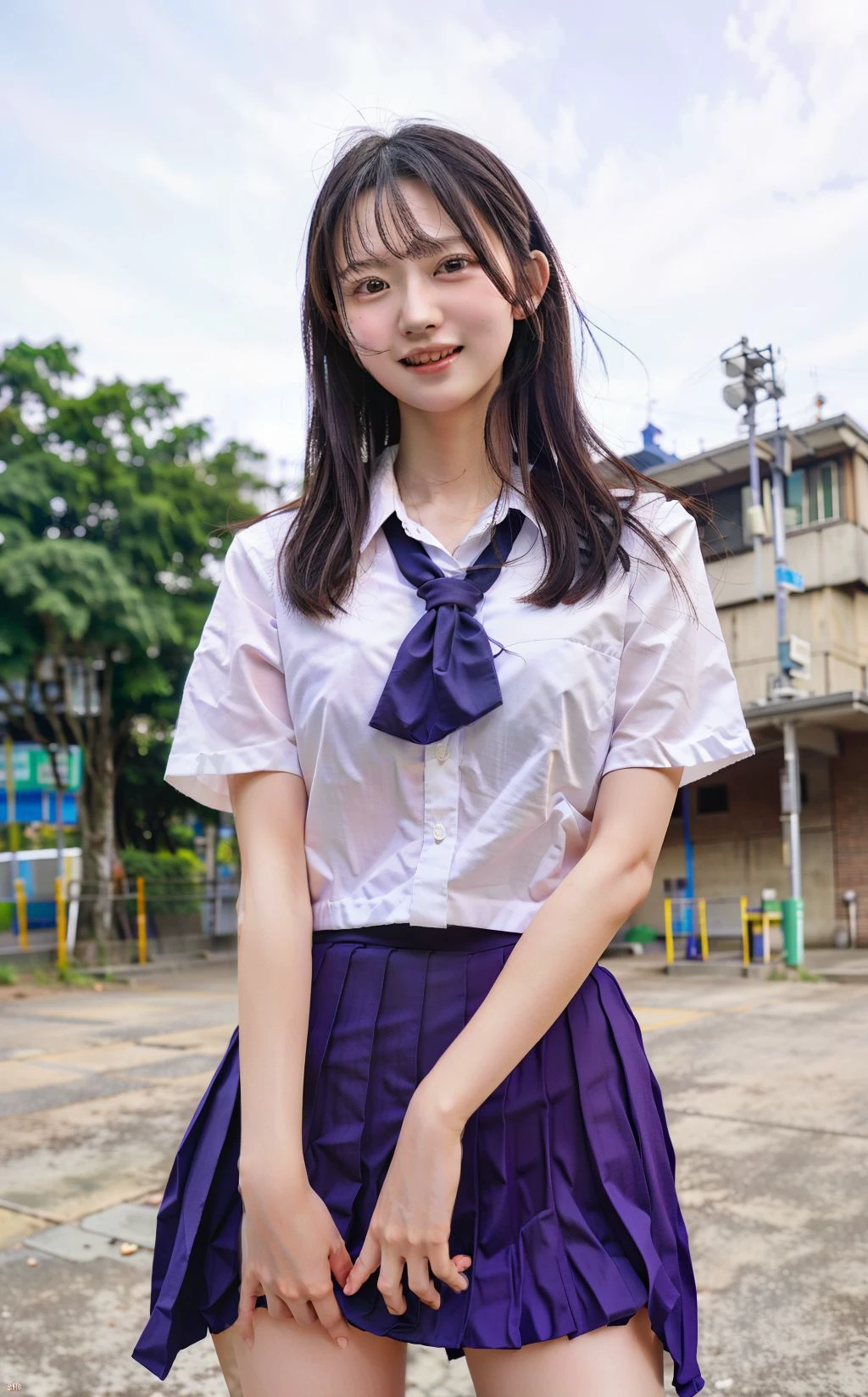 best quality, masterpiece, ultra high res, (photorealistic:1.4), RAW photo, best detailed, realistic,
<lora:JK2023:1> , jk, 1girl, skinny, smile, school uniform, lift skirt, pantie,
outdoor, day, building, front light,  blurry background, looking,