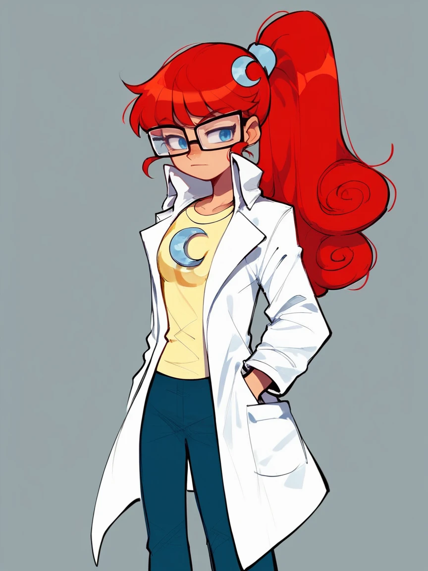 score_9, score_8_up, score_7_up, score_6_up, score_5_up,  <lora:SusanMarytestXLP:1> jt, labcoat, glasses, red hair, long hair, 1girl, mary test, blue eyes, crescent, ponytail,