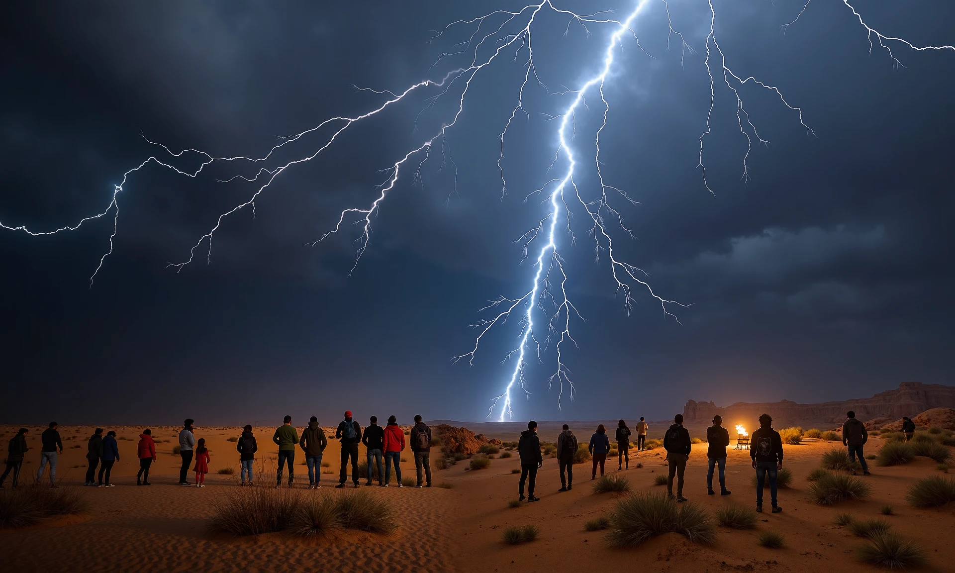 LIGHTNING, a group of people in the desert looking at the sky