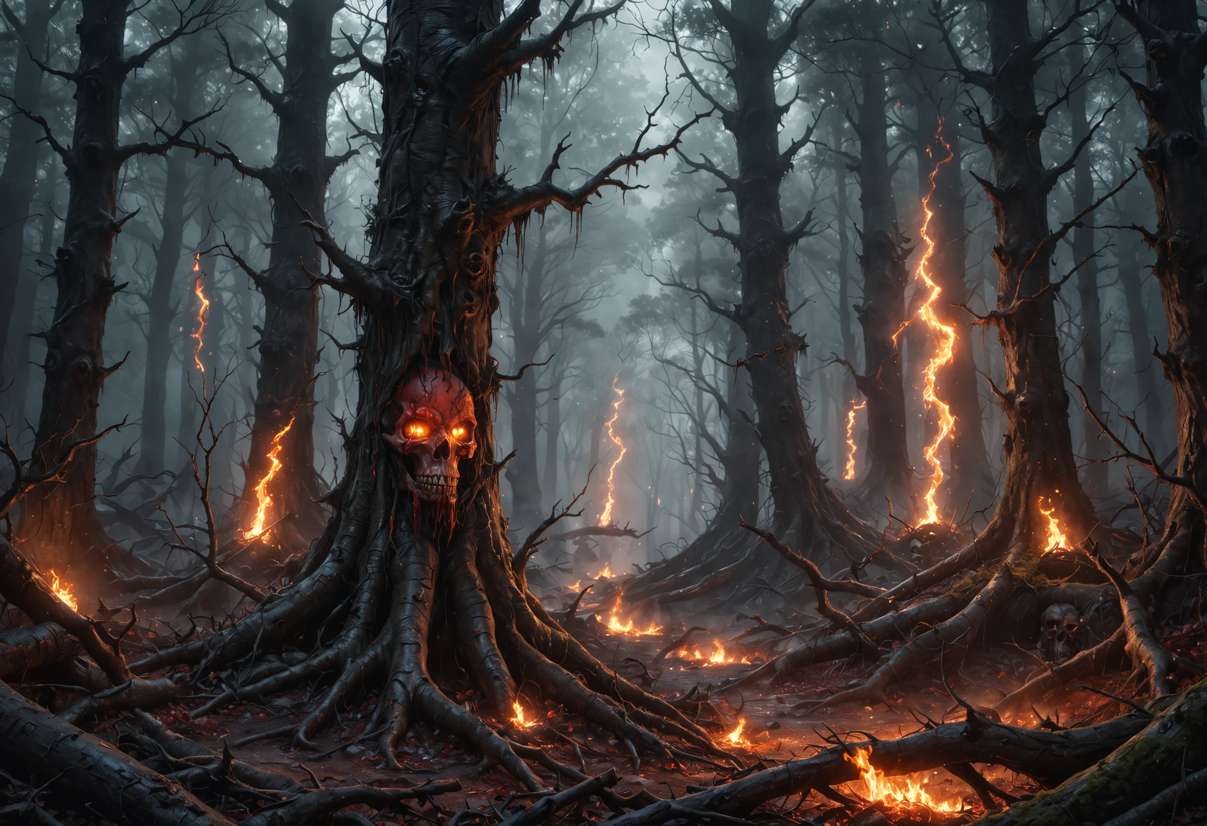 hyperrealistic art a image of very scary forest with blood, skulls, lightning, and fire. extremely high-resolution details, photographic, realism pushed to extreme, fine texture, incredibly lifelike