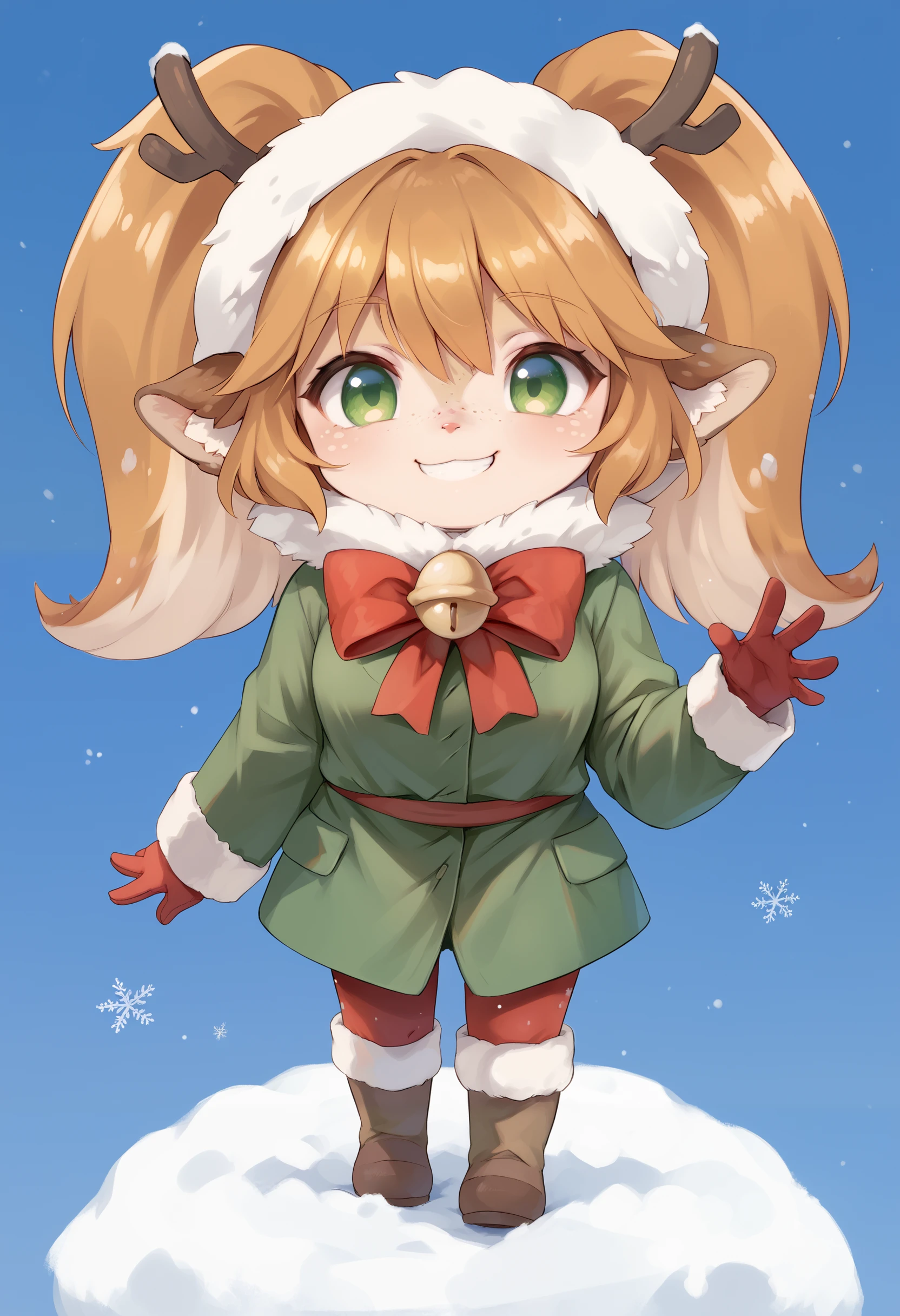 score_9, score_8_up, score_7_up, 1girl, sfpoppy, green_eyes, freckles, sfpoppyclothes, neck bell, neck ribbon, cute, chibi, snowy, simple background, smile