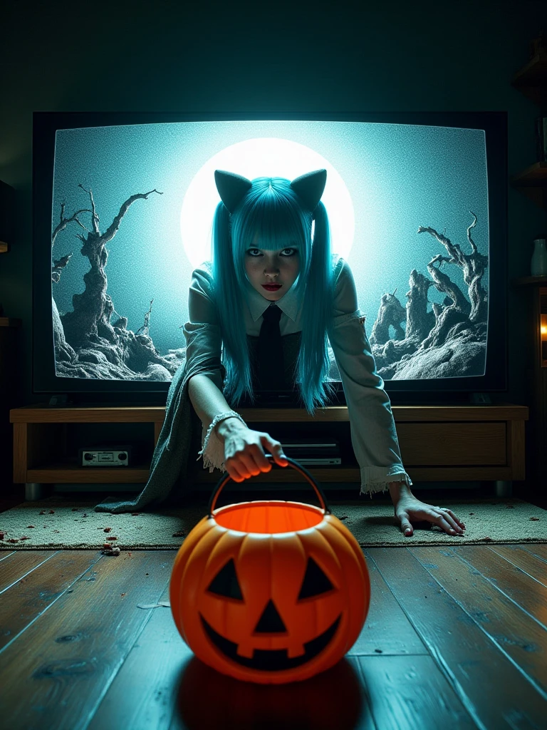 pov remote is crawling out of a large television screen holding a pumpkin bucket The hands are spread on the floor emerging from the TV, hatsune miku cosplay, scary, bloods, angry,