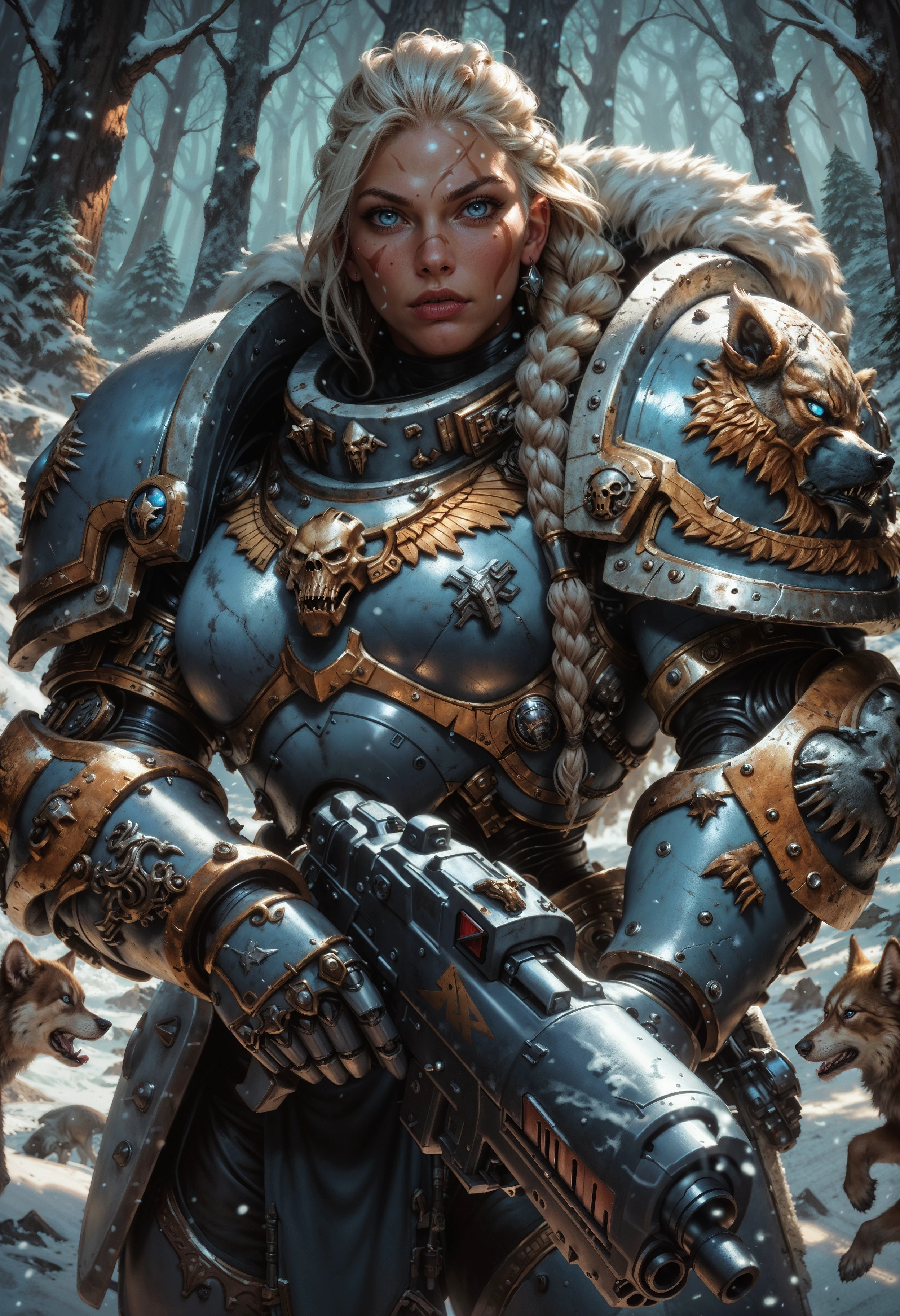 (score_9, score_8_up), score_7_up,  <lora:PonySpaceW40K:1> SpaceW40K, 1girl, scar, blue eyes, braided hair, wearing power armor, holding a gun, viking, fur, snow forest, snowflakes, looking at viewer