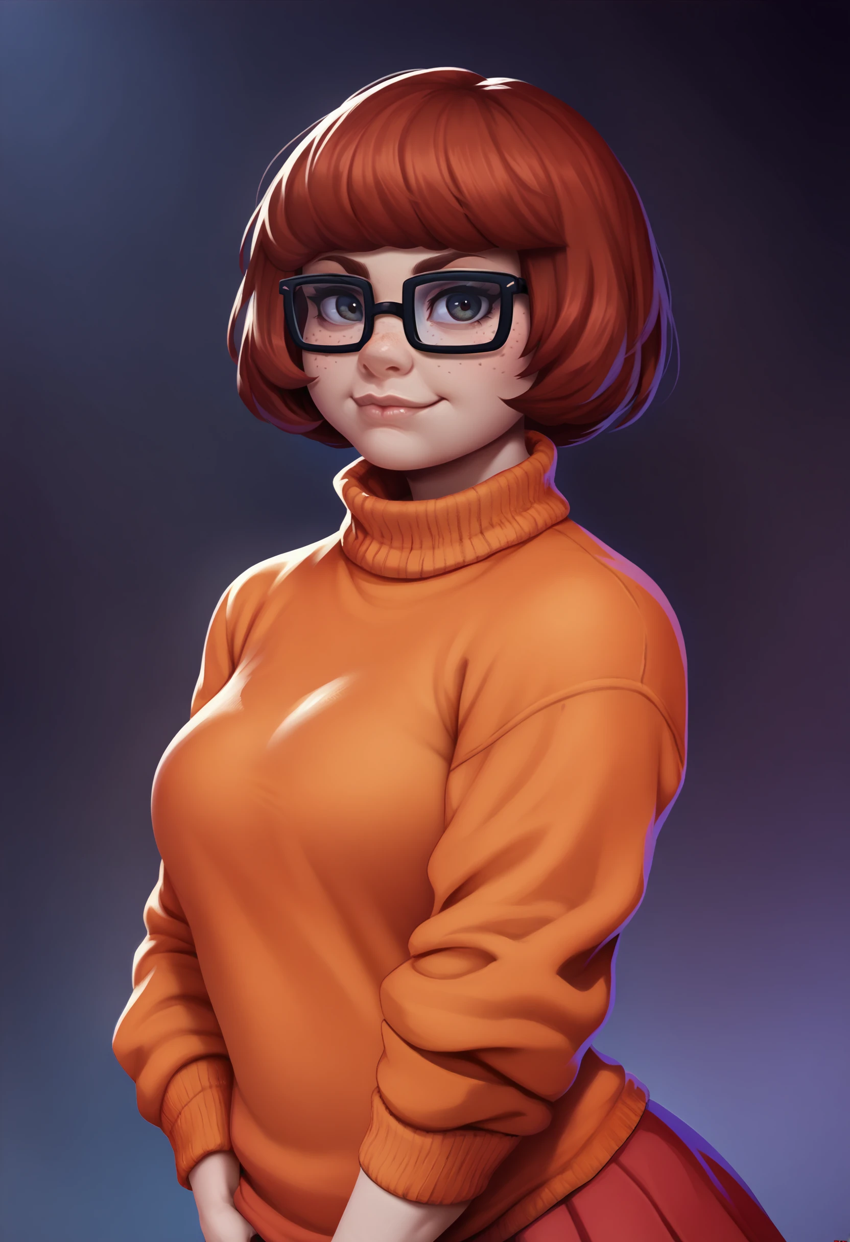 <lora:jlullaby-guy-PONY-DORAv1:1>, jluby, score_9, score_7_up, 1girl, solo, orange sweater, glasses, freckles, looking at viewer, portrait, depth of field, dark background, velma dace dinkley