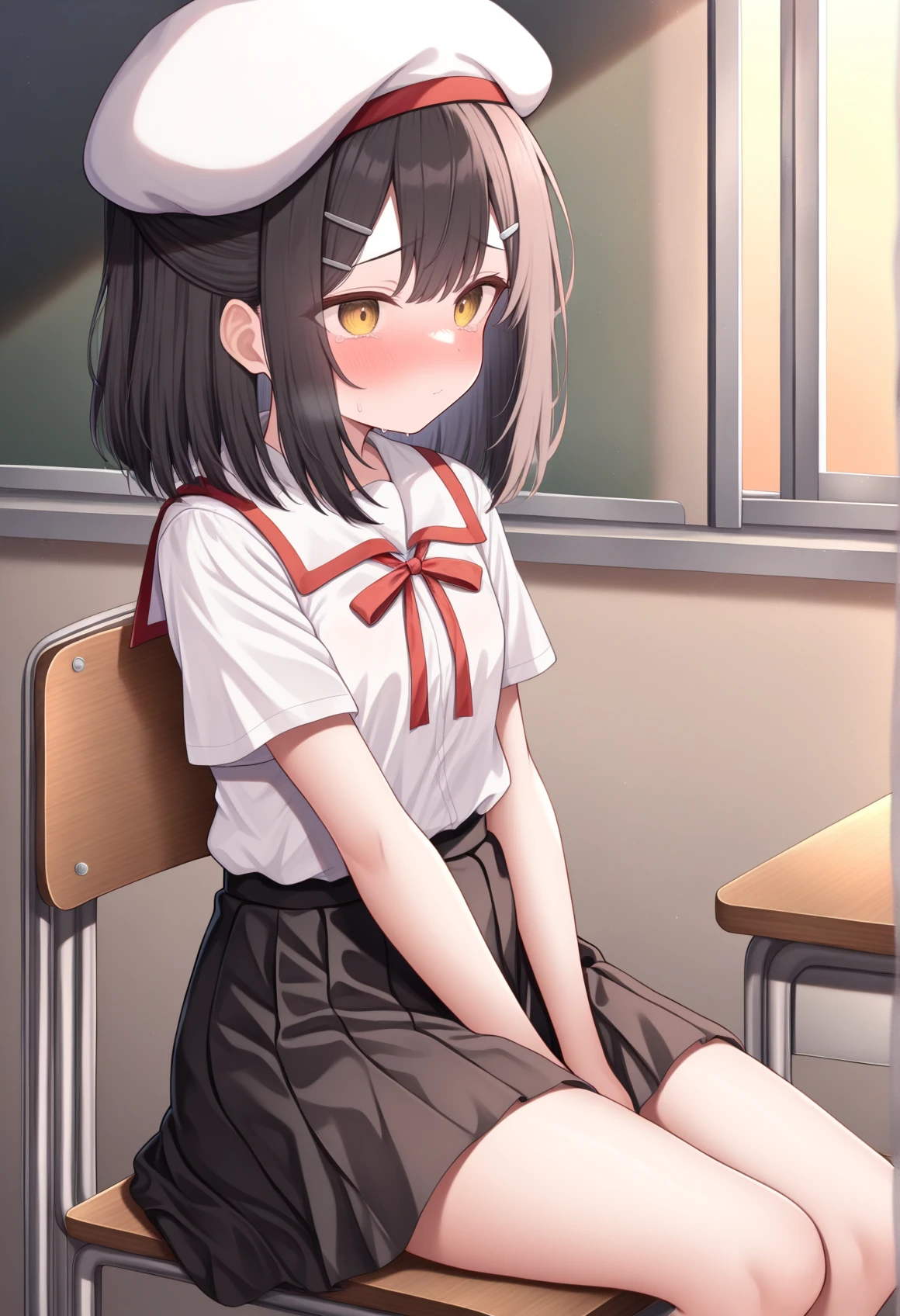 black hair, 1girl, solo, medium hair, yellow eyes, hairpin, school uniform, white shirt, red ribbon, short sleeves, black skirt, white beret, sitting, indoors, classroom <lora:Miyu_Illus:1>, masterpiece, best quality, amazing quality, very aesthetic, absurdres, highres, newest