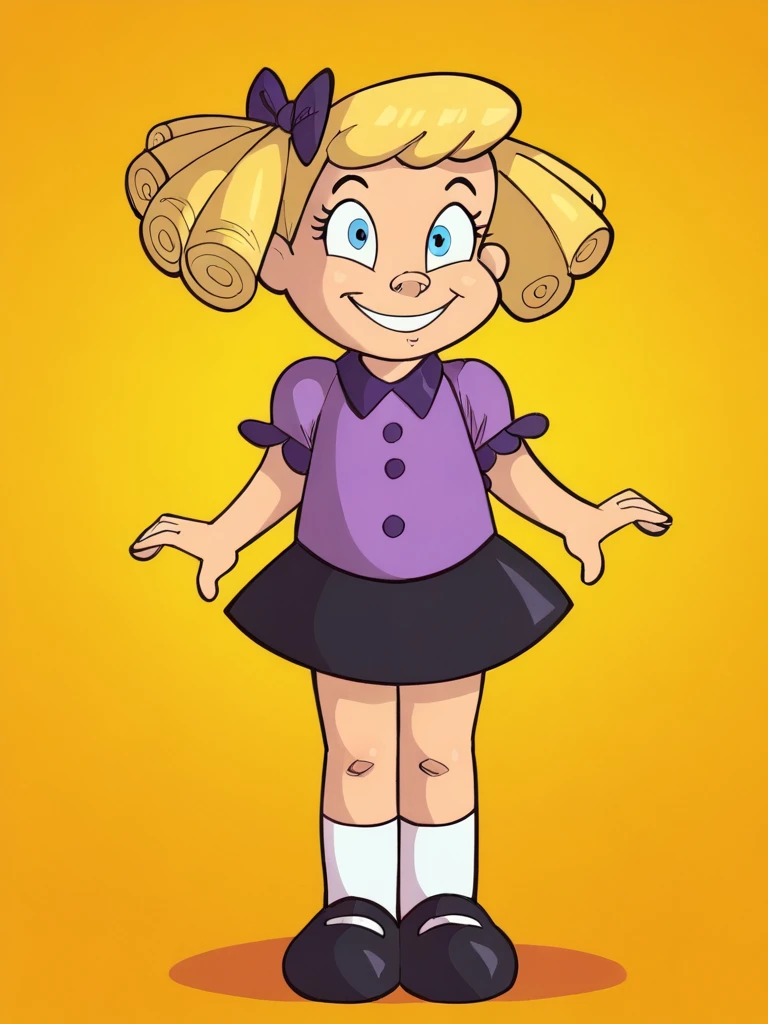 score_9, score_8_up, score_7_up, score_6_up, score_5_up,
mldahl, blonde hair, hair bow, 1girl, blue eyes, purple dress, short sleeves, poofy sleeves, black skirt, white socks, black shoes
, 1girl, solo, facing viewer, small smile, full body
<lora:mrsmiles:1> mrsmiles <lora:Baby_Dahl_v2:0.9>
