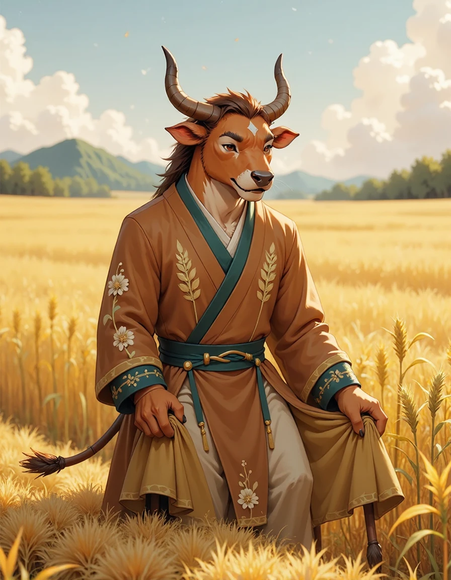 animanflux,This is a surrealistic realistic photography,in traditional Chinese attire, Tang dynasty, In the peaceful fields, an anthropomorphized ox is slowly plowing. The field is illuminated by the sun, golden waves of wheat roll over, and the air is filled with the aroma of earth and crops. Its eyes were gentle and determined, and its face wore a hint of satisfaction, as if it was enjoying the fruits of its labor. Dressed in a brown cloth coat embroidered with farming tools and the pattern of the five grains, it looks simple and industrious, and the hem of the cloth coat swings gently with its steady pace, as if telling the story of the field. In the field, the ears of wheat hang down their heads heavily, and its cloth gently swings with them, the whole scene is full of the joy of harvest., <lora:asian_fok_F1_v2.0:1> ,<lora:animan_V2.0_sampson:1>