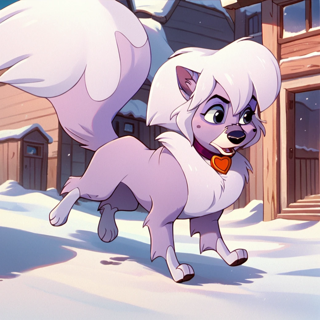 score_9, score_8_up, score_7_up, score_6_up, score_5_up, score_4_up,  <lora:DixieBaltoPNY:1>, dixiefrbalto, body fur, dog, two tone fur, purple fur, collar, blue eyes, solo, no humans, white hair, tail, outside, snow, trees, animal ears, running, buildings,