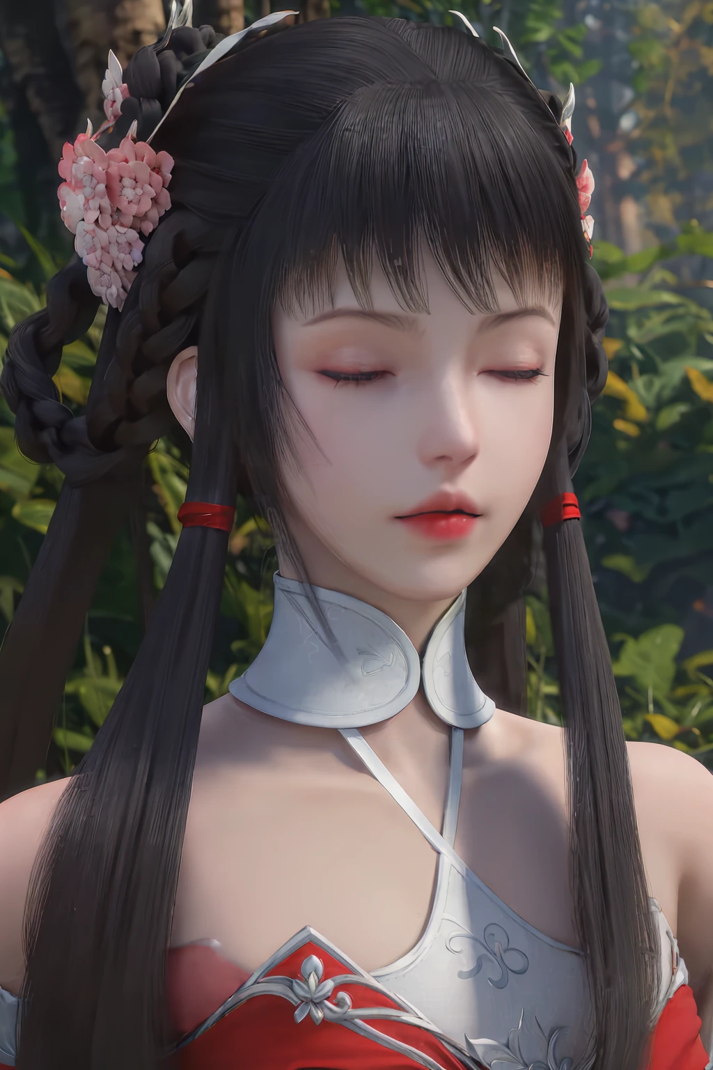 best quality,highres,realistic,absurdres,masterpiece,4k,perfect hands,
<lora:å°å¥³ç«çµå¿:1>,1girl,3d,bangs,beach,black_hair,blurry,blurry_background,bush,closed_eyes,depth_of_field,flower,focused,forest,grass,hair_flower,lily_pad,long_hair,looking_at_viewer,outdoors,purple_eyes,solo,tree,looking at viewer,naughty face,