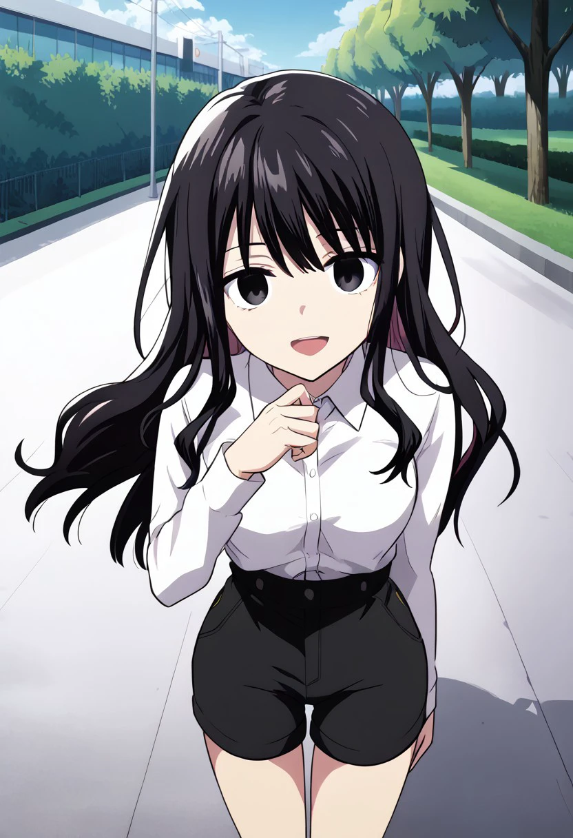 anime screencap, anime coloring,
outdoors, park,
BREAK
1girl, solo, full body, 
uzume_mikoto, long hair, black hair, black eyes, empty eyes,
collared shirt, long sleeves, high waist shorts, black shorts,
smile, open mouth, looking at viewer,
head tilt, standing