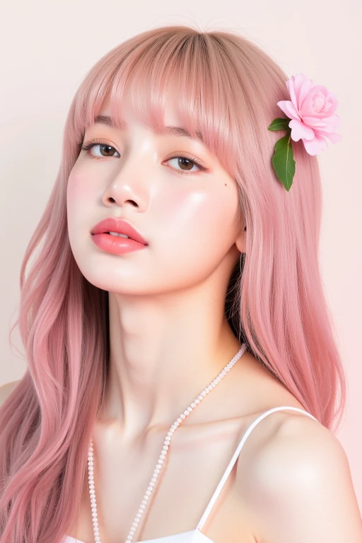 a high-resolution, softly lit photograph featuring a young Asian woman with a delicate, ethereal appearance. She has long, wavy hair in a soft pink hue, styled with bangs that frame her face. Her skin is a smooth, pale complexion, and her eyes are a striking feature, with a subtle, shimmery effect that catches the light. Her lips are painted a soft, muted pink, and she wears a delicate, beaded necklace around her neck. The background is a soft, creamy white, which helps to emphasize the subject's delicate features and the soft pastel colors of her hair and accessories. The image is rich in texture and detail, with a focus on the subject's serene and dreamy expression. The overall aesthetic is whimsical and romantic, evoking a sense of innocence and vulnerability. The photograph's soft focus and pastel colors create a dreamy, ethereal atmosphere, perfect for a fantasy or fairy tale-inspired setting. The subject's delicate features and accessories, such as the floral headpiece, add to the enchanting and otherworldly quality of the image. The style is reminiscent of high-fashion photography, with a focus on delicate, feminine beauty. <lora:Tissue_Lisa_Flux_v1.0-LowRep:1>