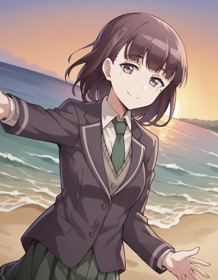score_9, score_8_up, score_7_up, source_anime, <lora:hazuki-morikawa-s1-ponyxl-lora-nochekaiser:1>, hazuki morikawa, brown hair, purple eyes, medium hair, mole, mole under eye, medium breasts,, skirt, shirt, school uniform, jacket, white shirt, necktie, collared shirt, blazer, green necktie,, beach, sunset, walking along shore, footprints in sand, waves, peaceful, smile, looking at viewer, on back, arm support, arms up, incoming hug, pov, reaching, reaching towards viewer,, solo,, dutch angle,