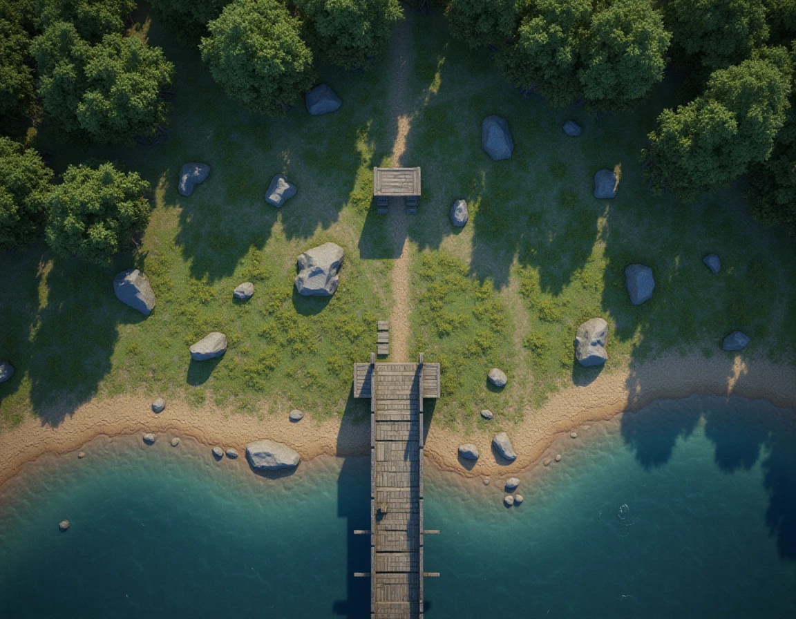 RPGmap, Top down view. Birds eye view. From above.  Fantasy style battle map depicting the tranquil shore of a mystical lake, with a weathered wooden pier jutting out into the calm waters. The shoreline is dotted with smooth stones and patches of vibrant grass, while ancient trees cast soft shadows across the scene