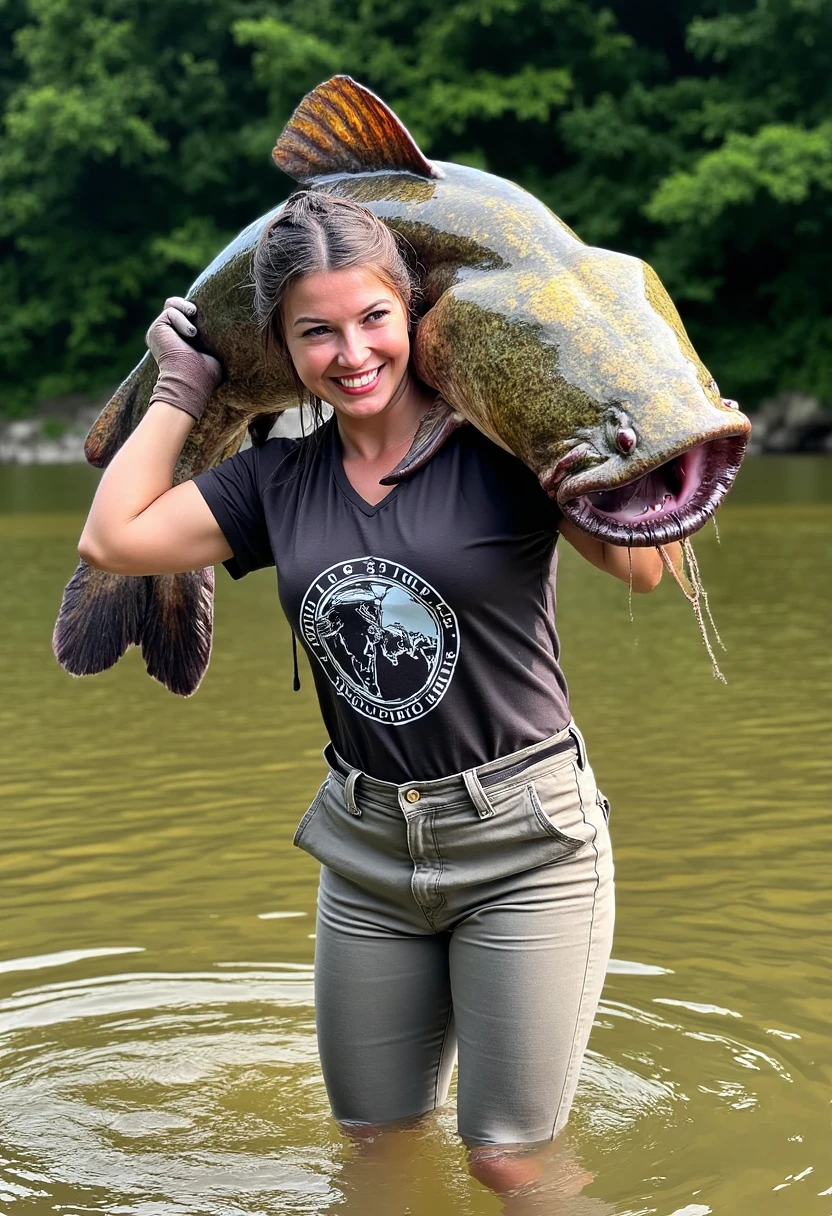 HB woman holding a huge catfish on her shoulders, river, UHD, 4k, looking at viewer, giggling , masterpiece, highly detailed, long t-shirt, pants,