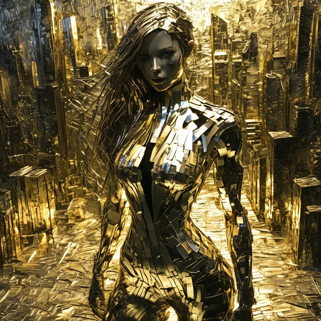 franglamex  professional photo gold cyborg girl in city  made of metal, high details and very detailed, cinematic, professional light, black background <lora:franglamex:1>