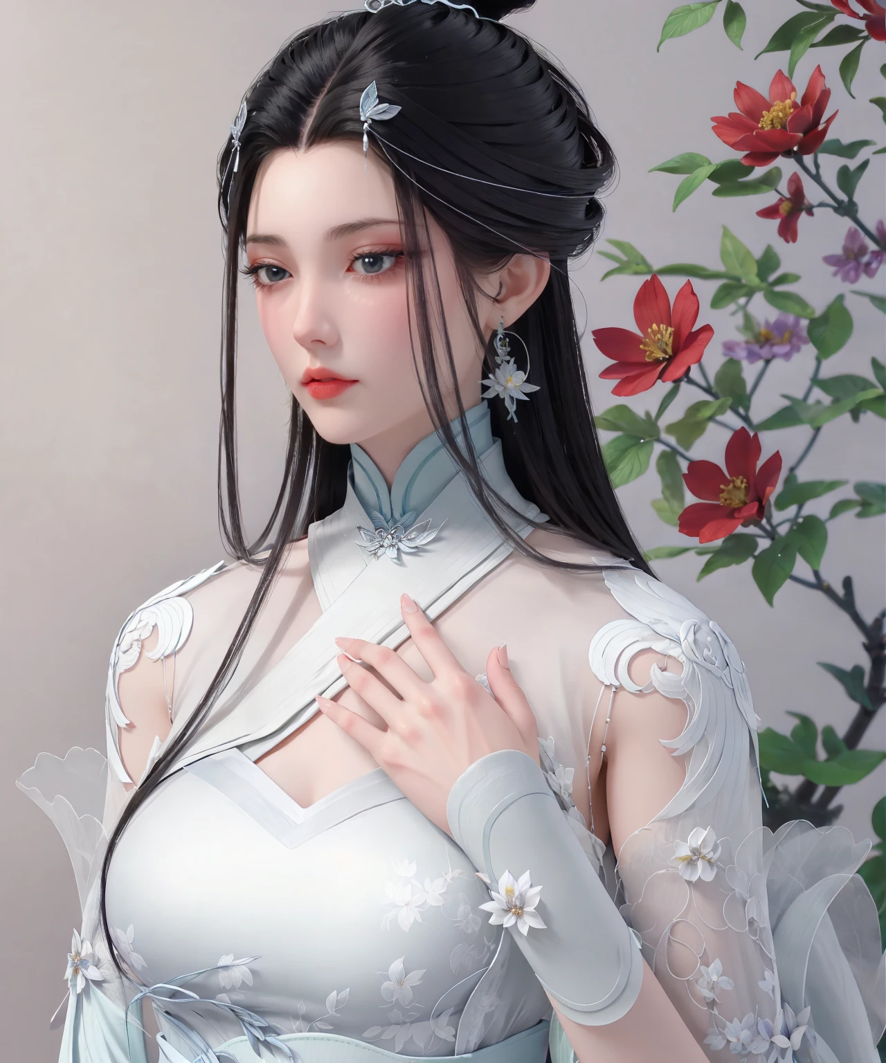 best quality,highres,realistic,absurdres,masterpiece,4k,perfect hands,
<lora:è§è²ï¼è§æ¸éªè¿åç_v1.0:0.7>,1girl,black hair,chinese clothes,earrings,hair ornament,solo,upper body,white dress,hand on own chest,(simple background:1.1),(flower:1.1),pale skin,shy,looking away,