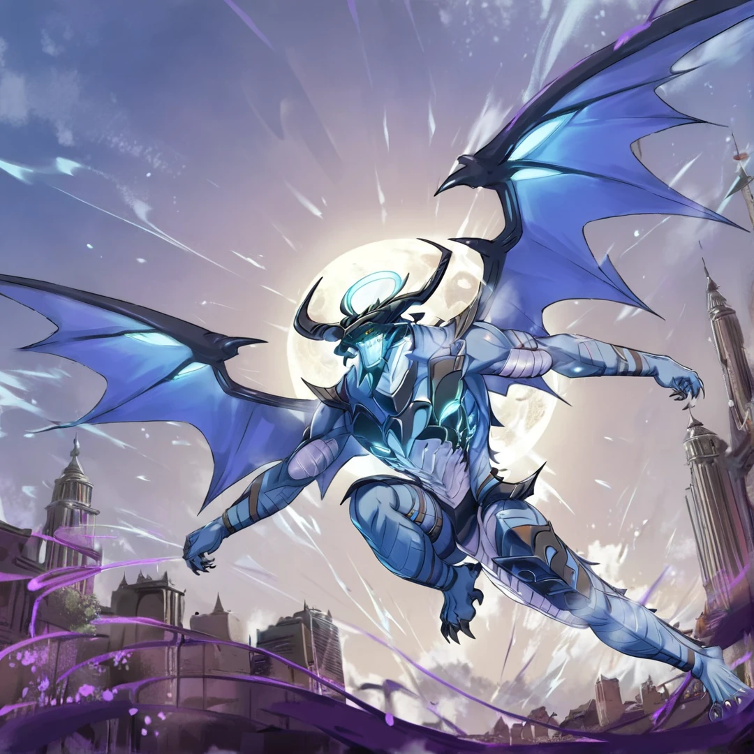 <lora:Volcanica:1>, volcanica, is an enormous dragon, who is covered in shiny pale blue scales, which are said to gleam like jewels, and seem sharper than a forged treasured sword, its thick paws are equipped with black, rock-like claws, its's face greatly resembles that of an earth dragon, with two large milky-white horns sticking out of each side of its head, finally, he has a pair of intelligent looking gold eyes, which emit a wise and awe-inspiring aura, another notable feature is the presence, of a mysterious white scar located directly underneath his jaw, it is said to be about 16 meters in height, solo, flying, in air, city, red sky, blood moon