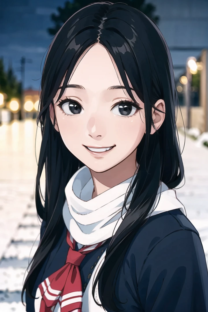 1girl,solo,long hair,black hair,black eyes,smile,teeth,school uniform,scarf,looking at viewer,outdoors,((night)),nature,road,snow,portrait,blurry,Highly detailed,(ultra-detailed),(best quality,masterpiece:1.5),<lora:Suzu:0.65>,