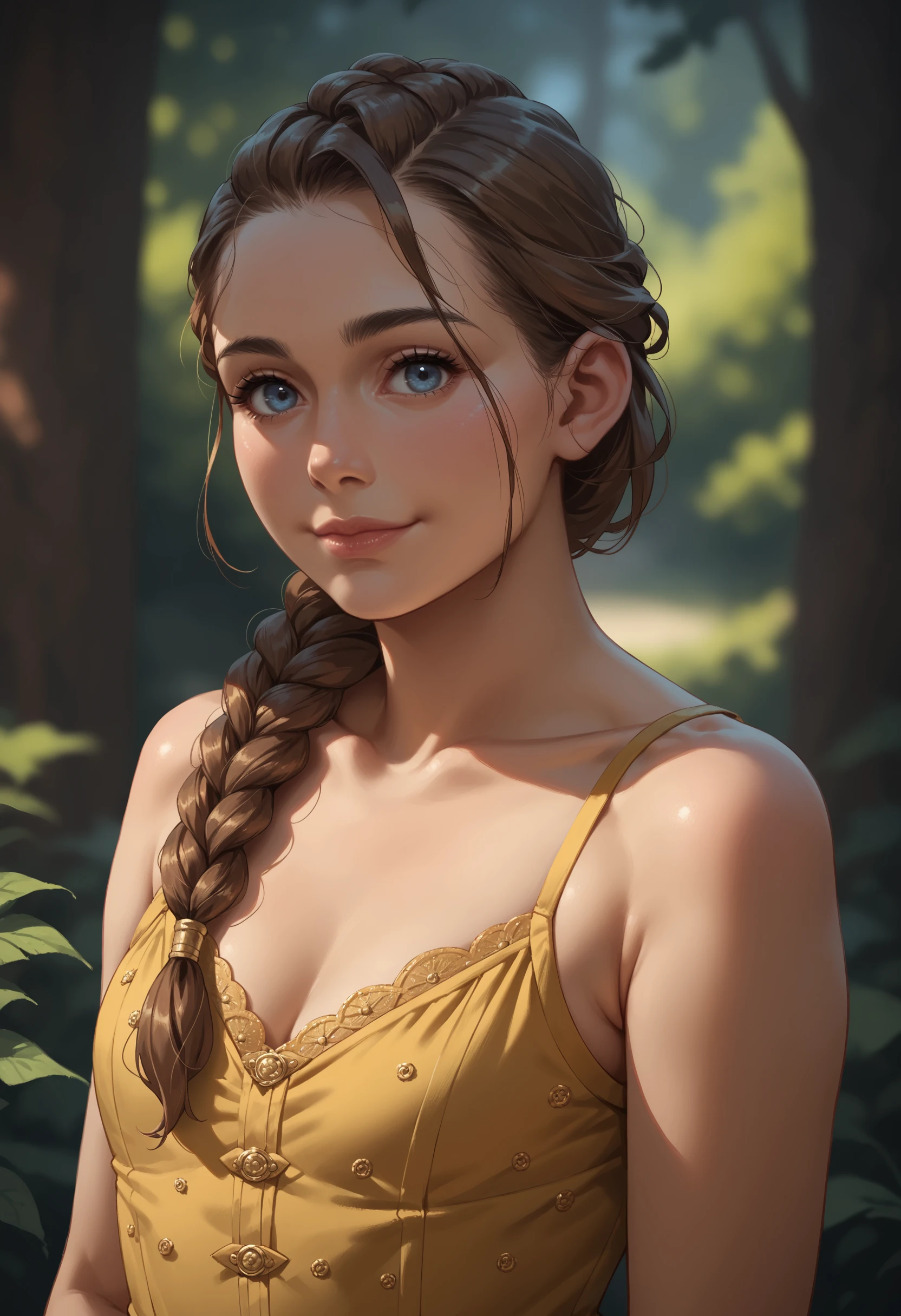 score_9, score_8_up, score_7_up, score_6_up, score_5_up, score_4_up, <lora:AmiciaPTR:0.75> 1girl, brown hair, blue eyes, long hair, braid, lips, wearing a dress, yellow dress, bare arms, upper body, looking at viewer, smile, 
forest background,