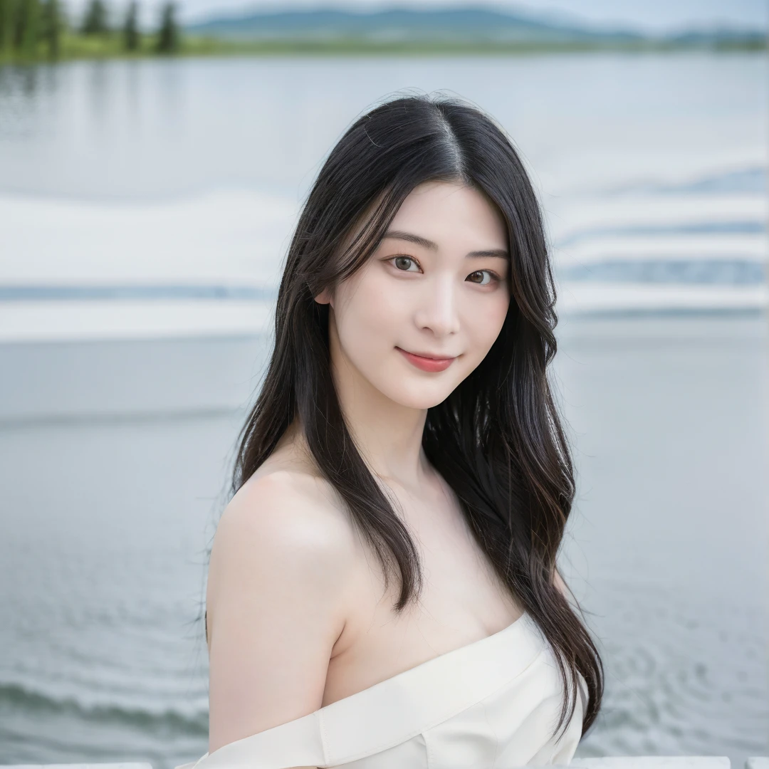 1girl,solo,long hair,black hair,black eyes,parted lips,smile,closed mouth,dress,looking at viewer,outdoors,scenery,lake,fantasy,((glowing)),portrait,((blurry)),depth of field,((realistic,reality)),(pale skin),Highly detailed,(ultra-detailed),(best quality,masterpiece:1.5), <lora:Suzu:0.65>