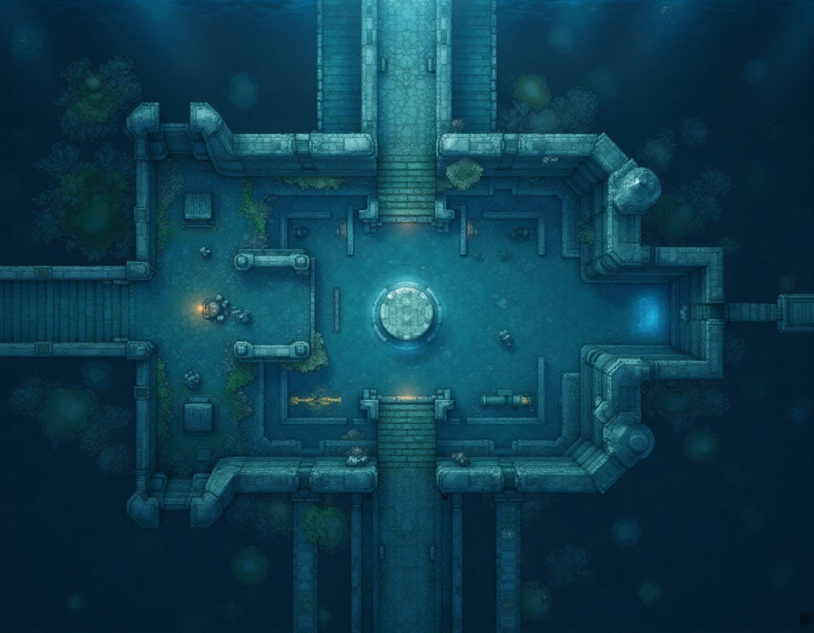 RPGmap, dungeon map of an underwater temple dungeon submerged beneath a crystal-clear sea. The map showcases flooded chambers, intricate coral formations intertwining with the stone architecture, and bioluminescent algae illuminating the surroundings. Sunken pathways require diving and swimming to traverse. There are mechanisms that manipulate water levels within the dungeon