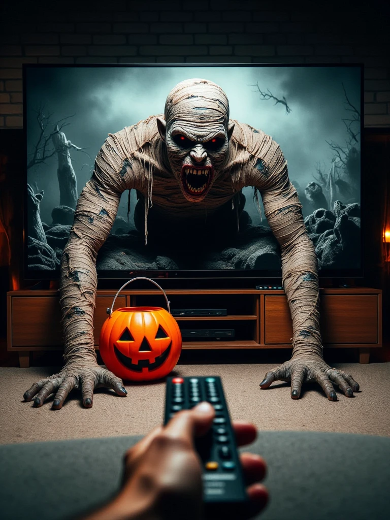 pov remote is crawling out of a large television screen holding a pumpkin bucket The hands are spread on the floor emerging from the TV, big jaw face, fury, scary, bloods, angry,